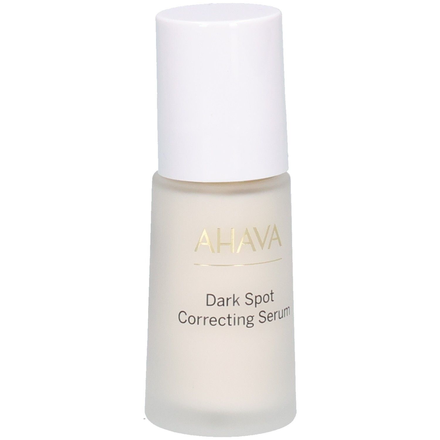 AHAVA Dark Spot Correcting Serum. Witte fles met witte dop. Gouden belettering. Opschrift: Dark Spot Correcting Serum.