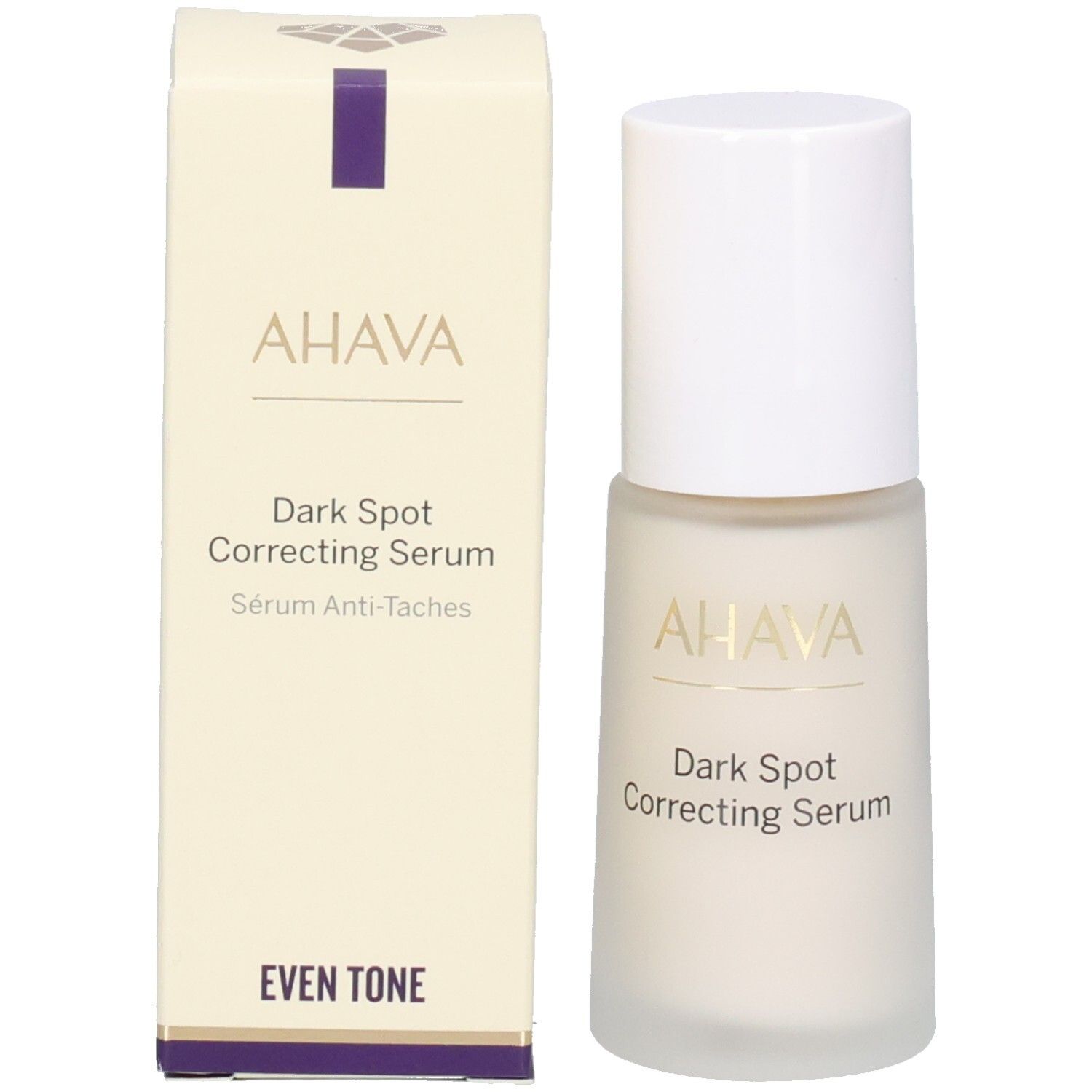 AHAVA Dark Spot Correcting Serum en verpakking. Fles en doos. Opschrift: Dark Spot Correcting Serum en Even Tone.