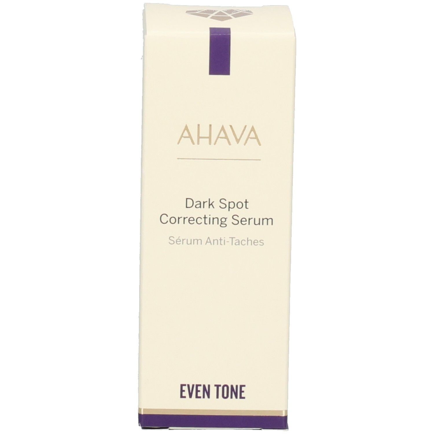 Verpakking van AHAVA Dark Spot Correcting Serum. Doos met opschrift: Dark Spot Correcting Serum en Even Tone.