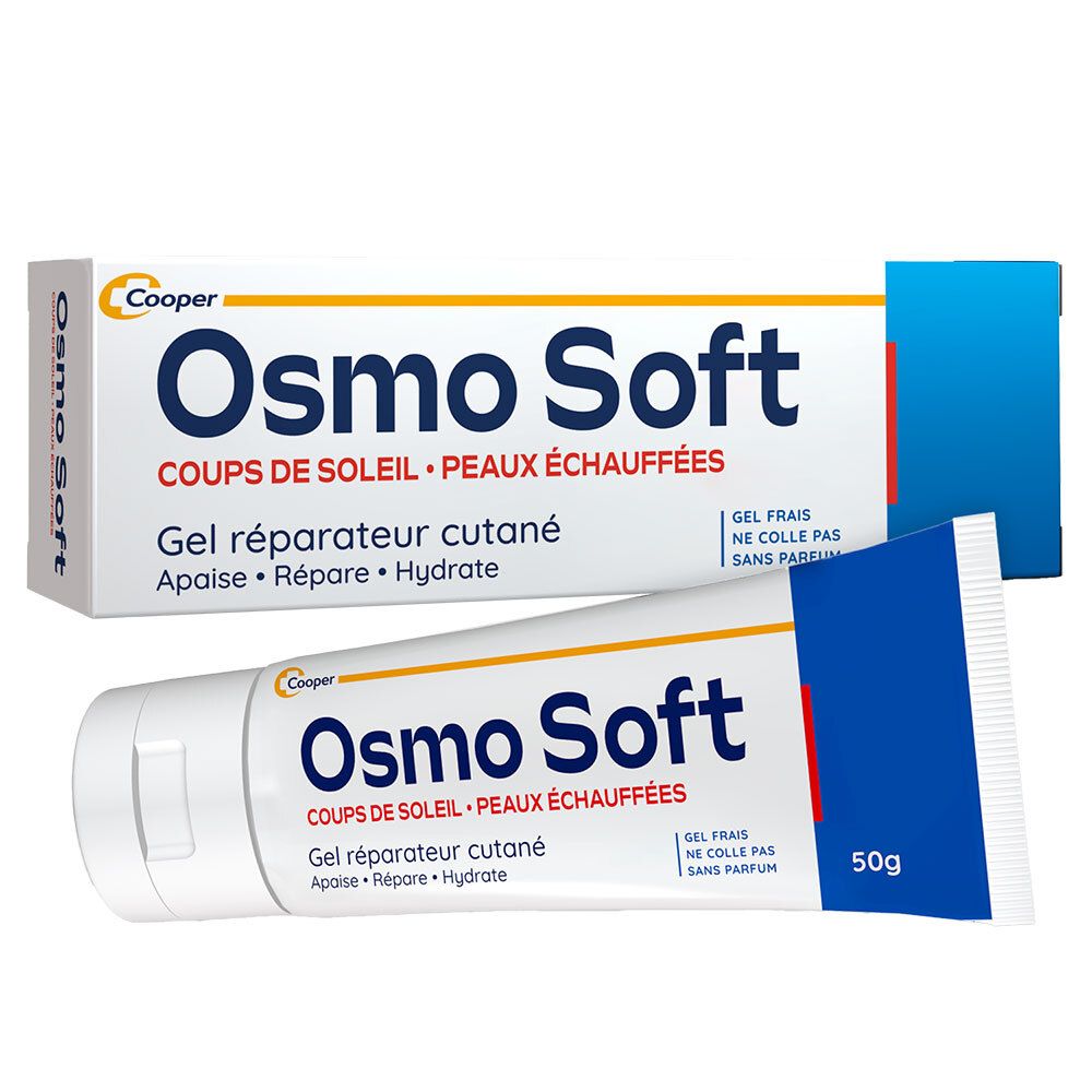 OSMO SOFT gel voor zonnebrand en warme huid. Tube en verpakking. Tekst: Coups de soleil, Peaux échauffées. 50g.