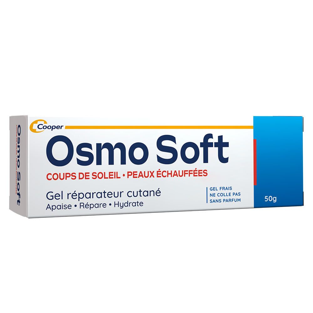 OSMO SOFT gel voor zonnebrand en warme huid. Verpakking. Tekst: Coups de soleil, Peaux échauffées. 50g.