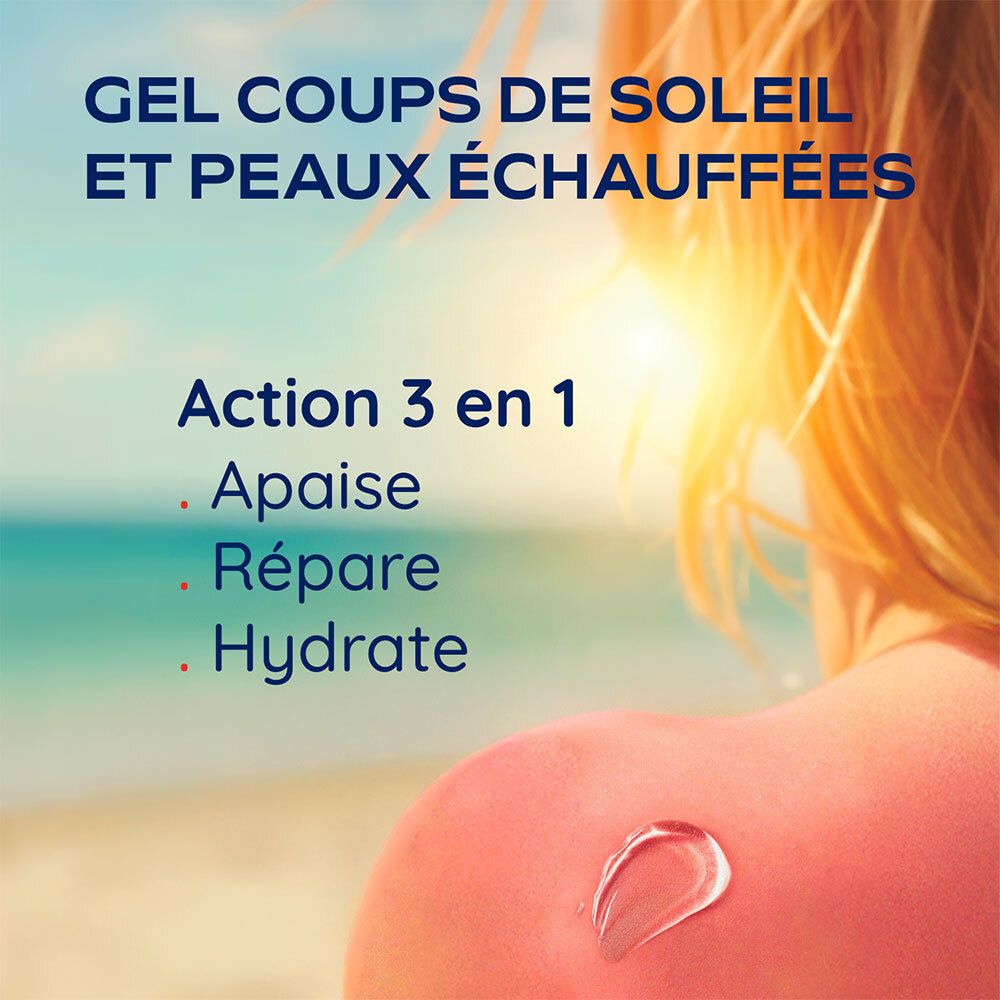 Rug van een persoon met zonnebrand. Gel applicatie. Tekst: Gel Coups de soleil et peaux échauffées. Action 3 en 1.