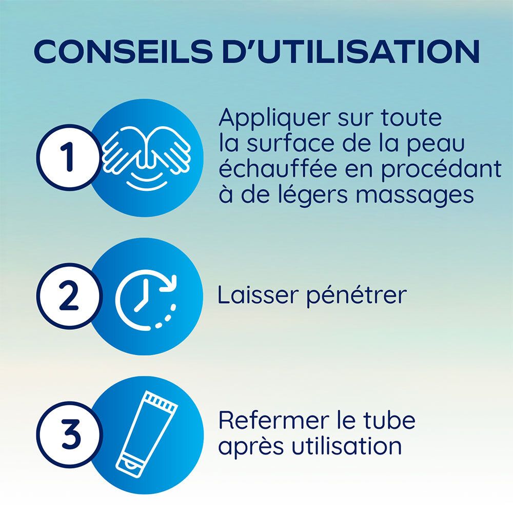 Gebruiksaanwijzing: 1. Aanbrengen op de huid. 2. Laten intrekken. 3. Tube sluiten.