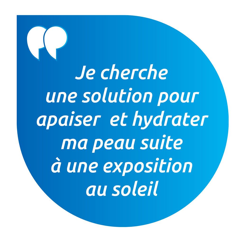 Blauwe tekstballon. Tekst: Ik zoek een oplossing om mijn huid na blootstelling aan de zon te kalmeren en te hydrateren.