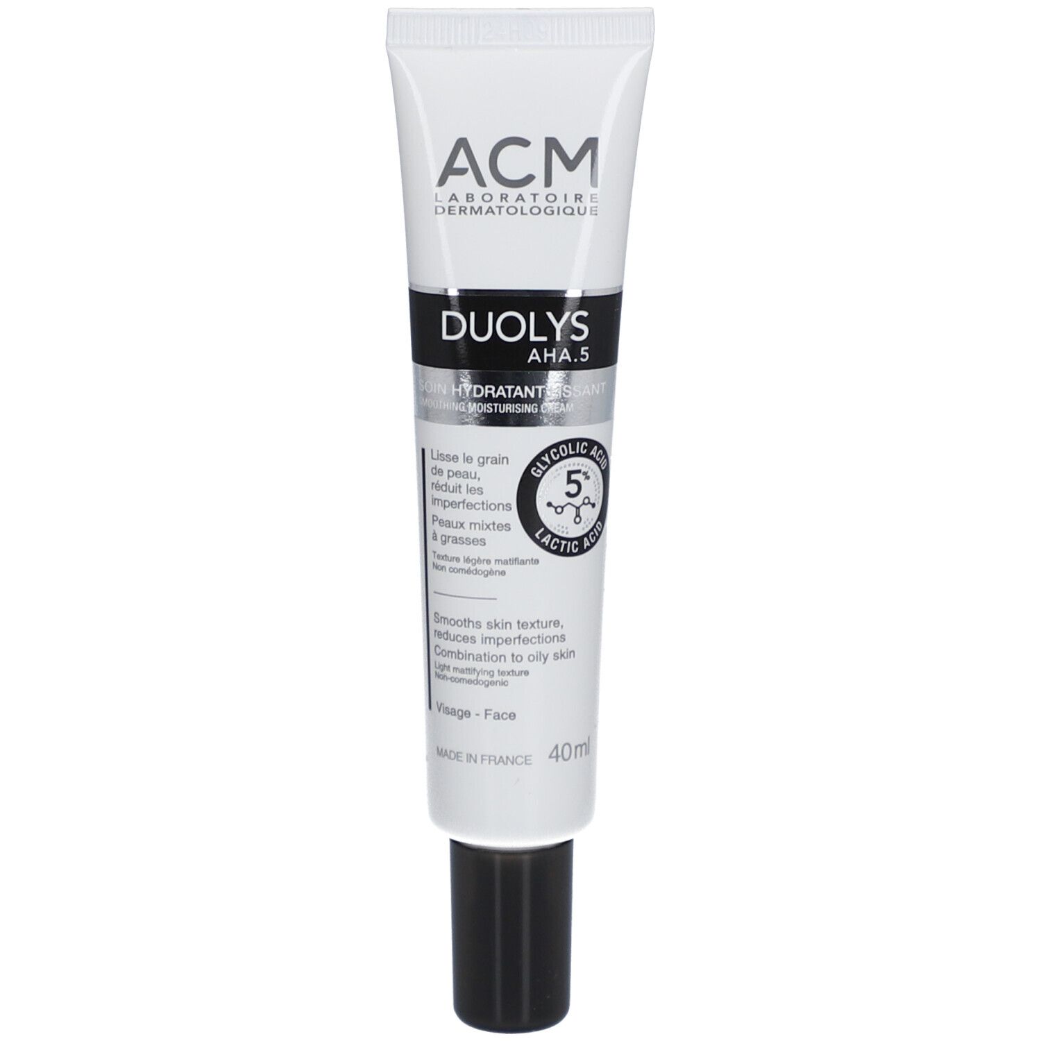 Tube blanche avec bouchon noir. Inscriptions: ACM, Duolys AHA 5, Hydratant. Contient acide glycolique et lactique.
