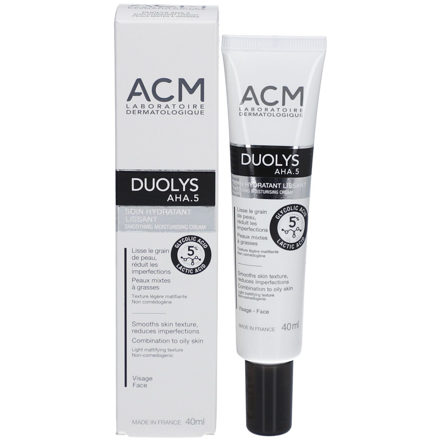 Emballage produit. Boîte et tube blancs. Inscriptions: ACM, Duolys AHA 5, Soin Hydratant Lissant. Contient acide glycolique.