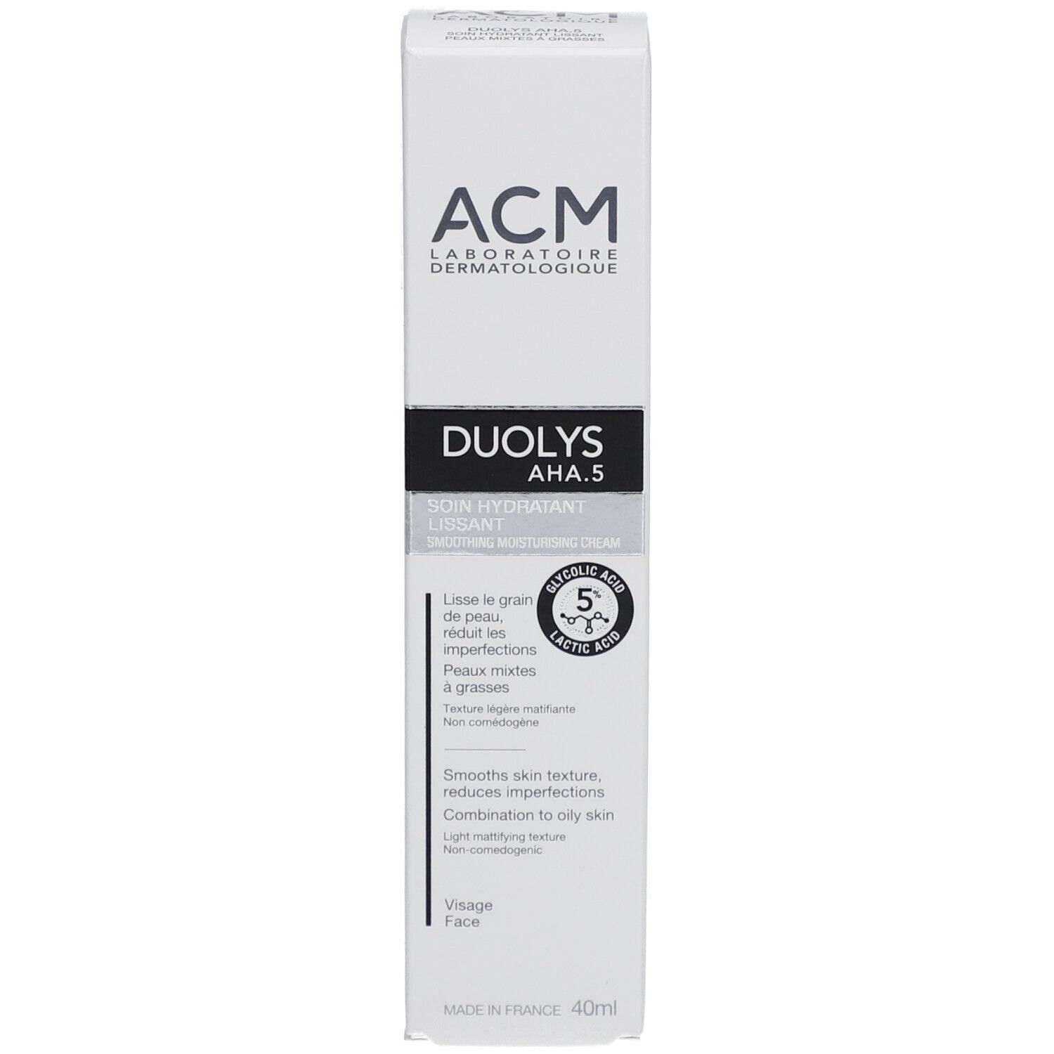 Boîte blanche avec informations produit. Inscriptions: ACM, Duolys AHA 5, Soin Hydratant Lissant. Contient acide glycolique.