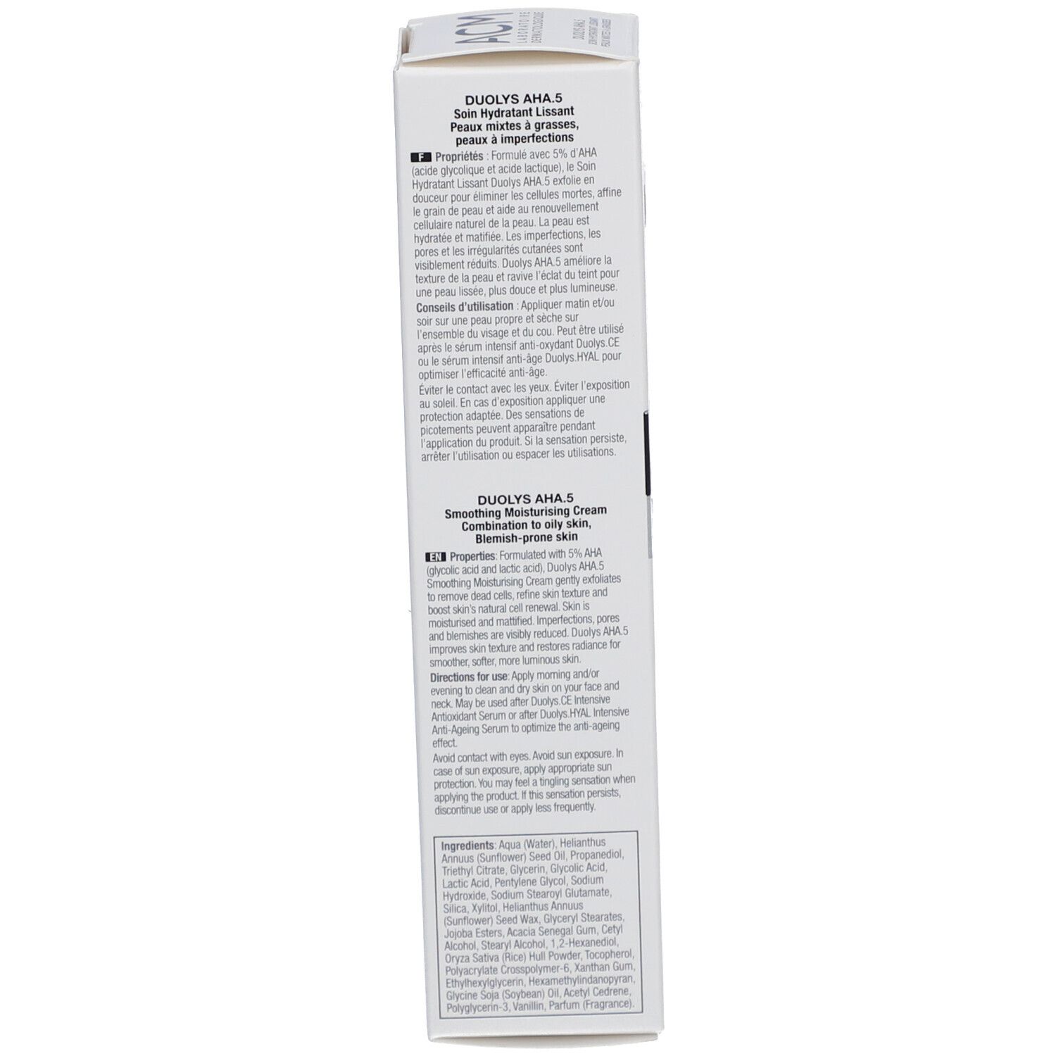 Dos de la boîte blanche. Texte multilingue. Contient informations produit et ingrédients.