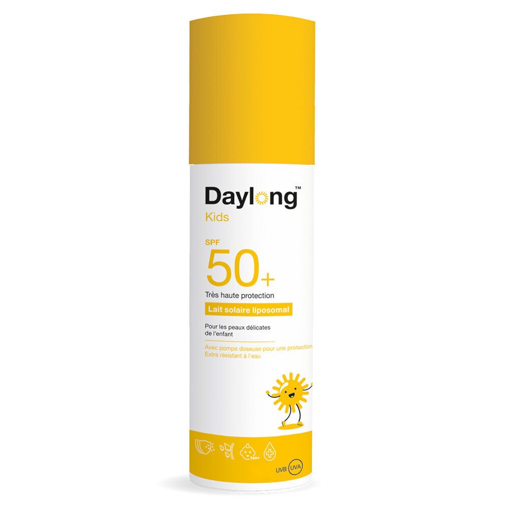 Zonnebrandcrèmefles voor kinderen. Gele dop, witte body. SPF 50+. Voor gevoelige huid.