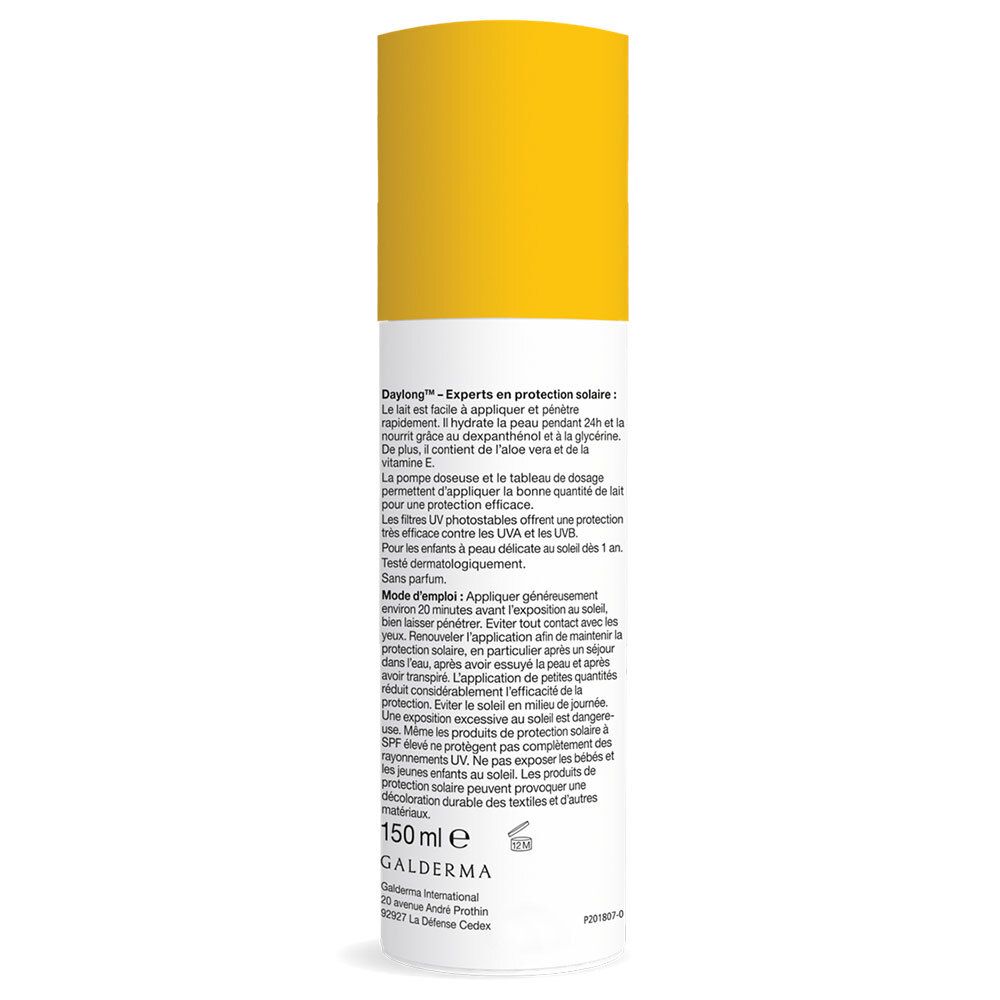 Achterkant zonnebrandcrèmefles. Tekstinformatie in het Frans. 150 ml. Galderma-logo.