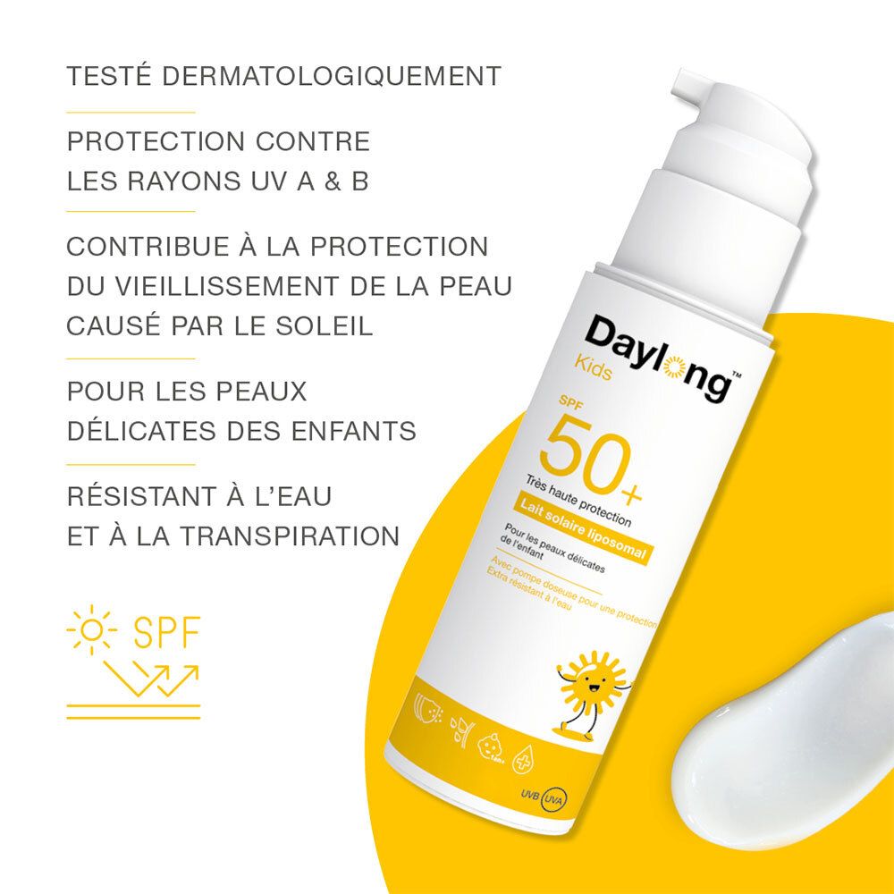 Zonnebrandcrèmefles. Tekst: bescherming tegen UVA/UVB. Voor gevoelige kinderhuid. SPF 50+.