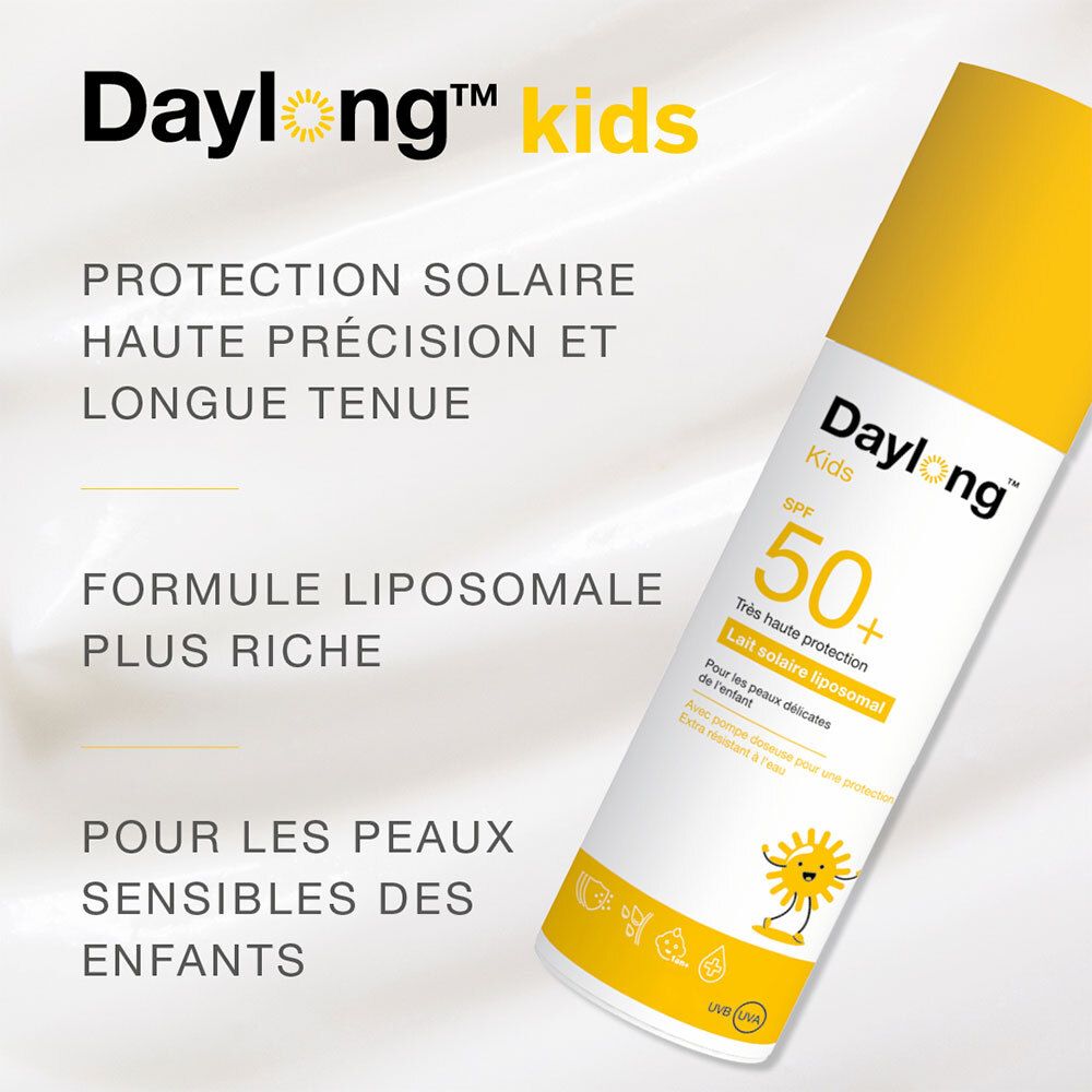 Zonnebrandcrèmefles. Tekst: hoge bescherming tegen de zon. Voor gevoelige kinderhuid. Liposomale formule.