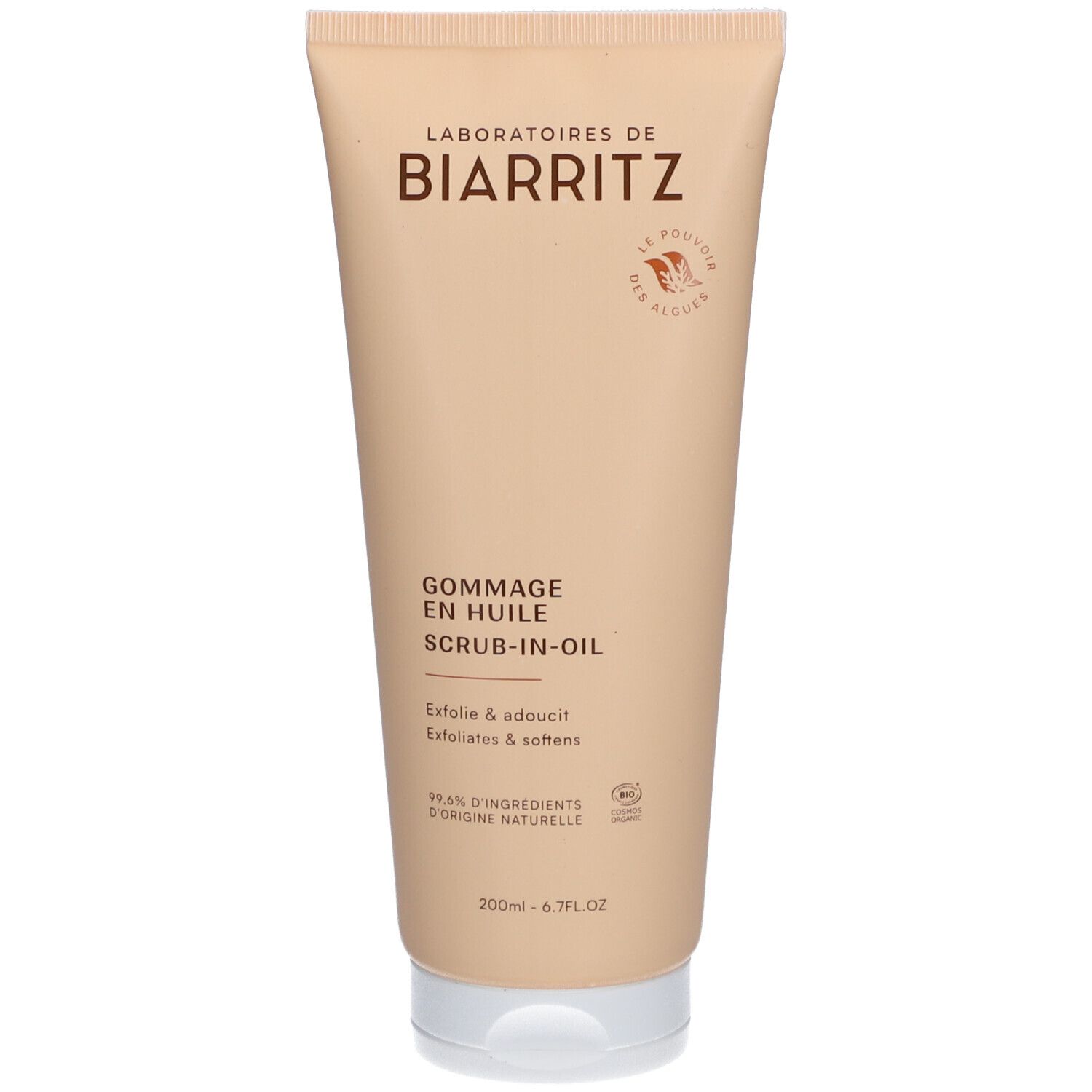 Tube beige avec bouchon blanc. Inscription: Laboratoires de Biarritz, Gommage en Huile, Scrub-in-Oil. Label bio.