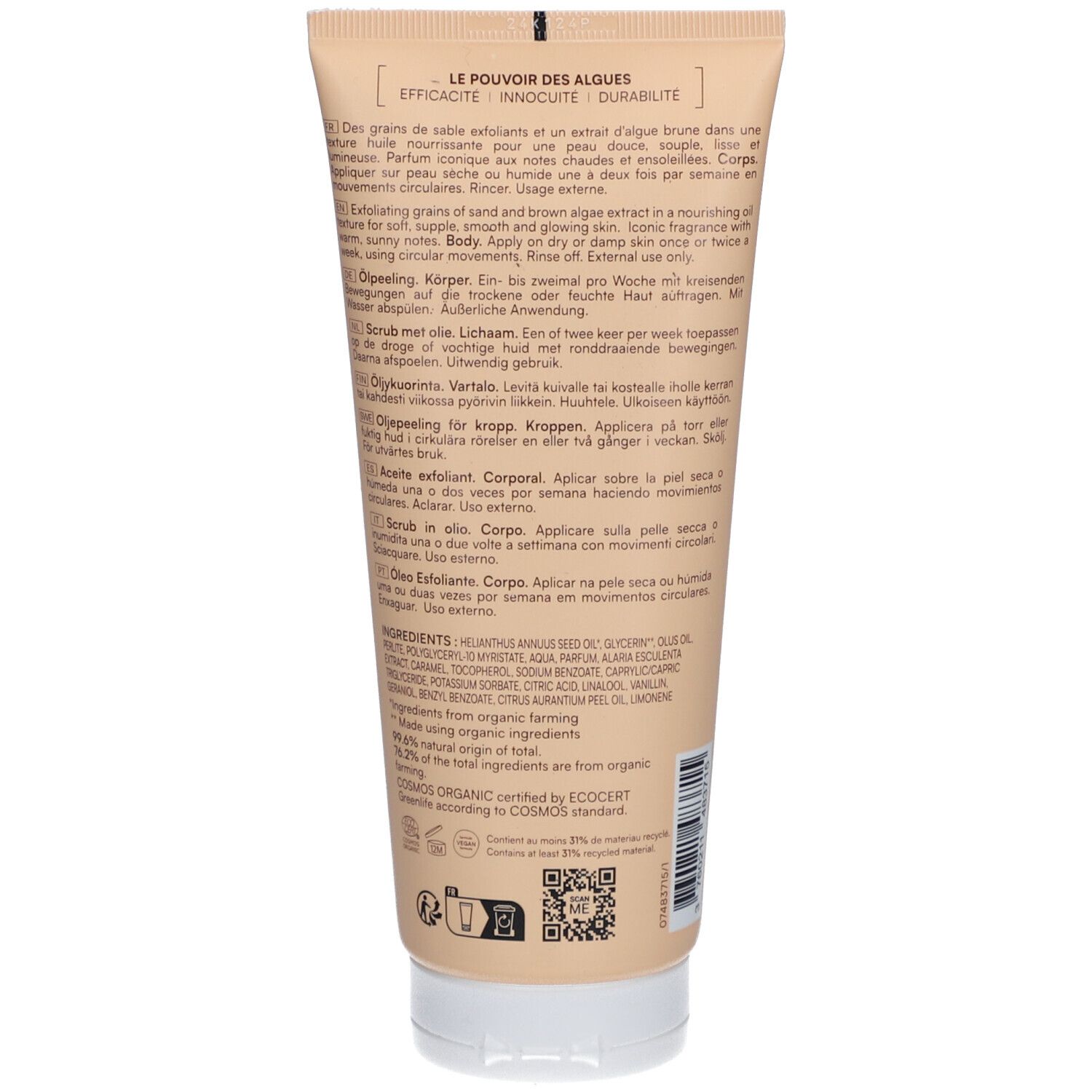 Dos du tube. Texte multilingue. Ingrédients et certification bio. Bouchon blanc.