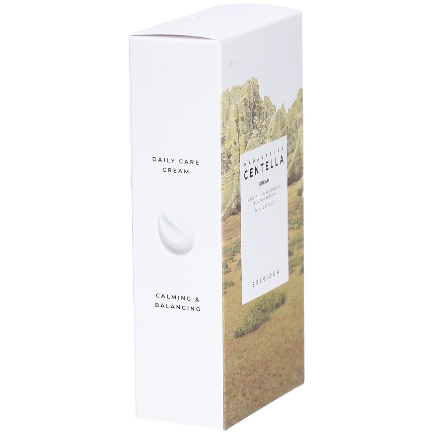 Zijkant van de SKIN1004 MADAGASCAR CENTELLA CREAM verpakking. Tekst: Daily Care Cream, Calming & Balancing.