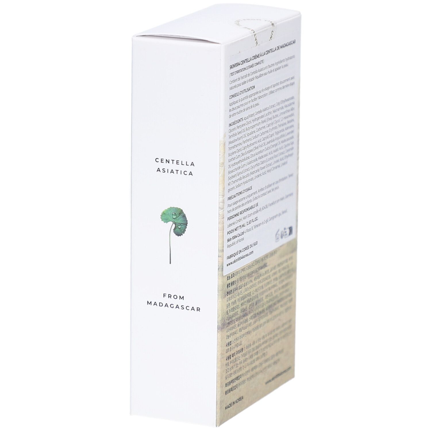 Zijkant van de SKIN1004 MADAGASCAR CENTELLA CREAM verpakking. Centella Asiatica en tekst.