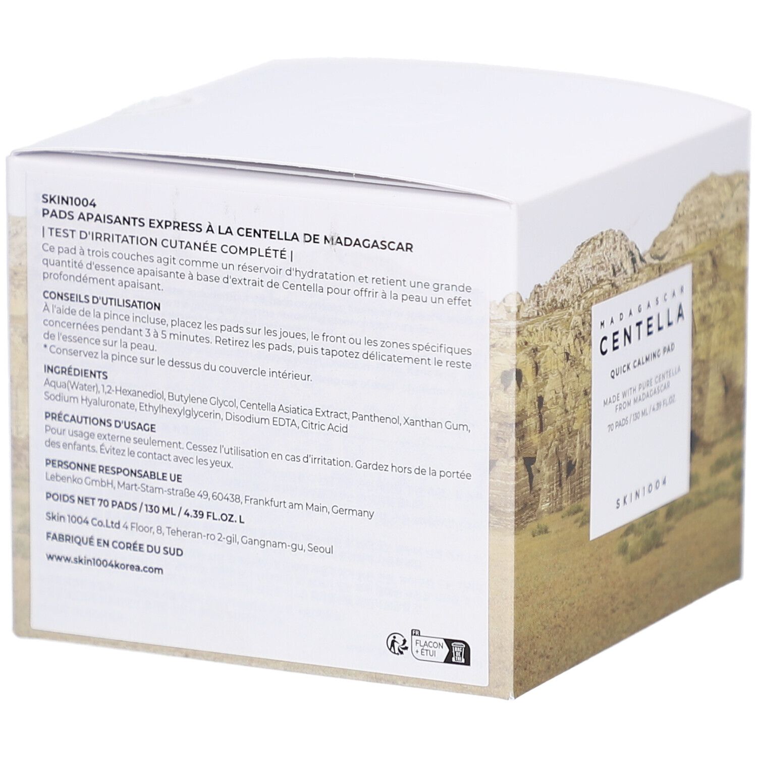 Achterkant van de witte productverpakking. Tekst: SKIN1004, Pads apaisants express à la Centella de Madagascar. Ingrediënten en gebruik.