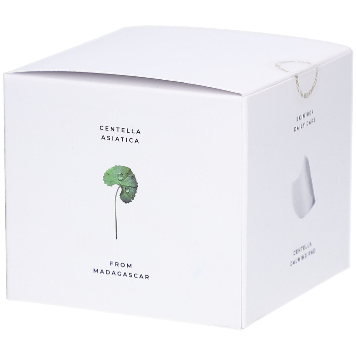 Witte verpakking met product. Opschrift: CENTELLA ASIATICA FROM MADAGASCAR. Illustratie van een plant.