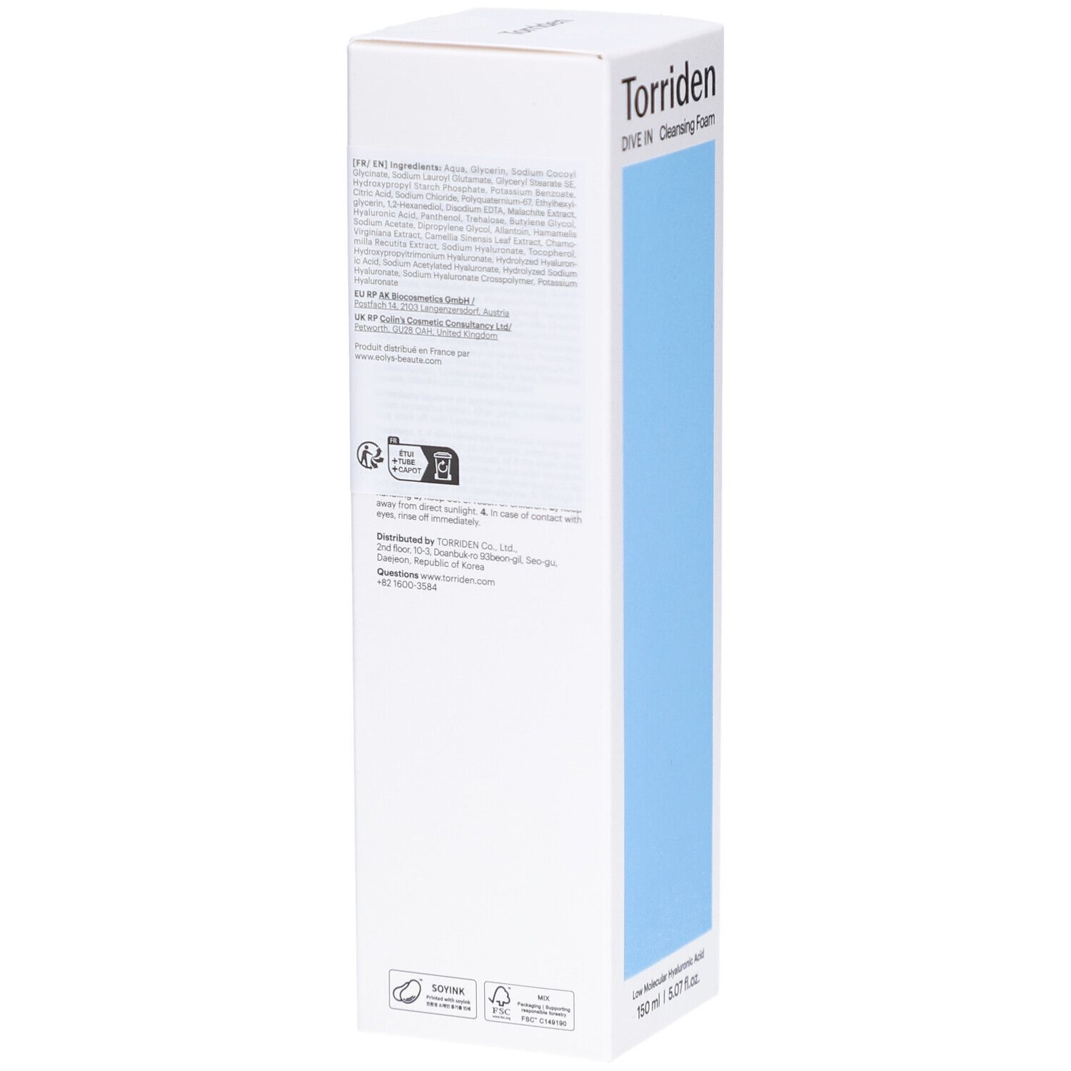 Witte verpakking, achterkant. Tekst en logo's. Opschrift: Torriden. Tekst: ingrediënten, fabrikant, importeur, contactgegevens, recyclingsymbolen.