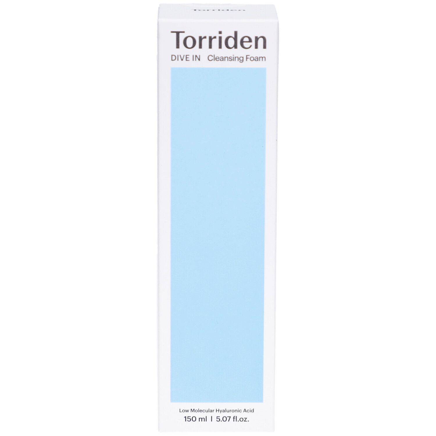 Witte verpakking met blauw vlak. Opschrift: Torriden, DIVE IN Cleansing Foam. Tekst: Low Molecular Hyaluronic Acid. 150 ml.