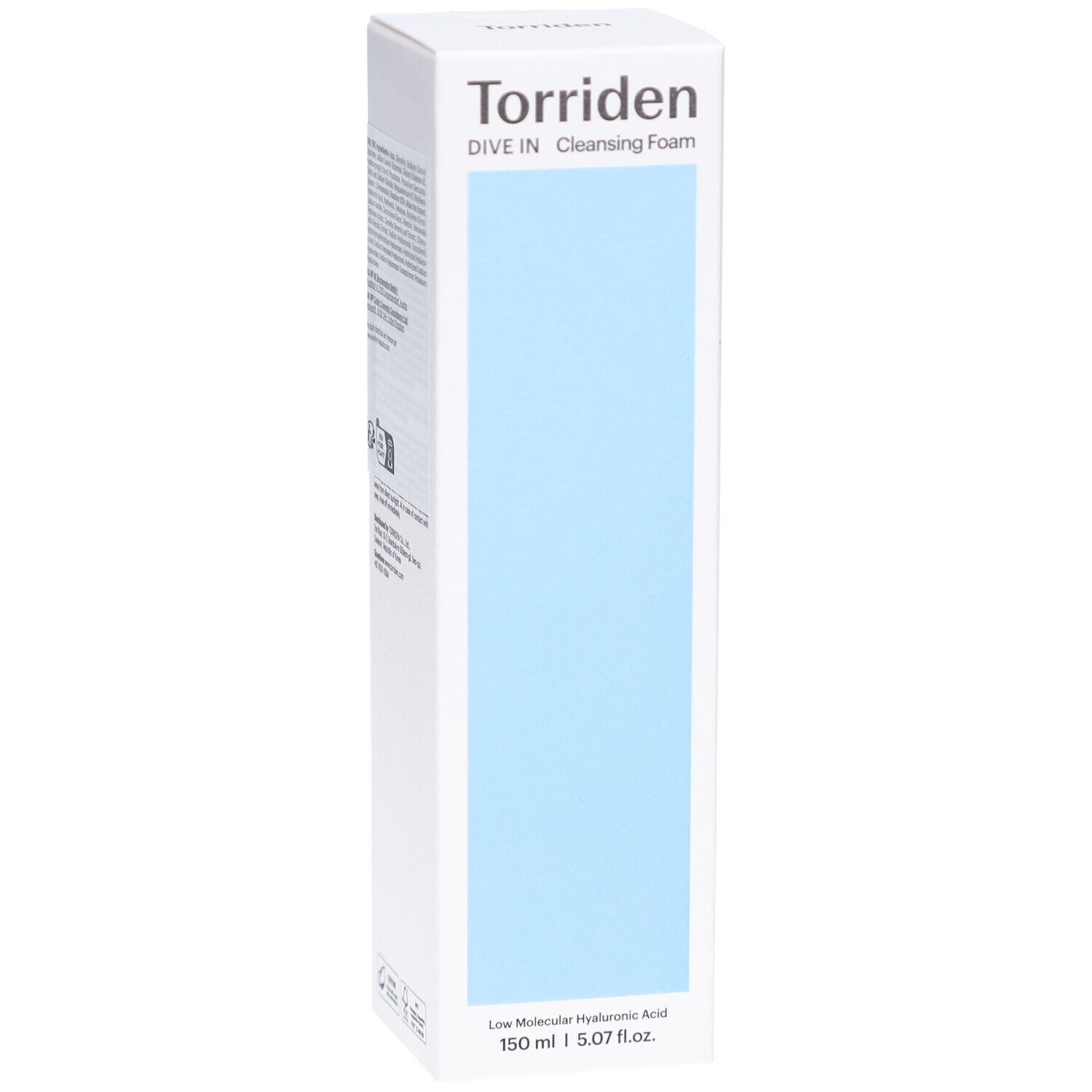 Witte verpakking met blauw vlak. Opschrift: Torriden, DIVE IN Cleansing Foam. Tekst: Low Molecular Hyaluronic Acid. 150 ml.