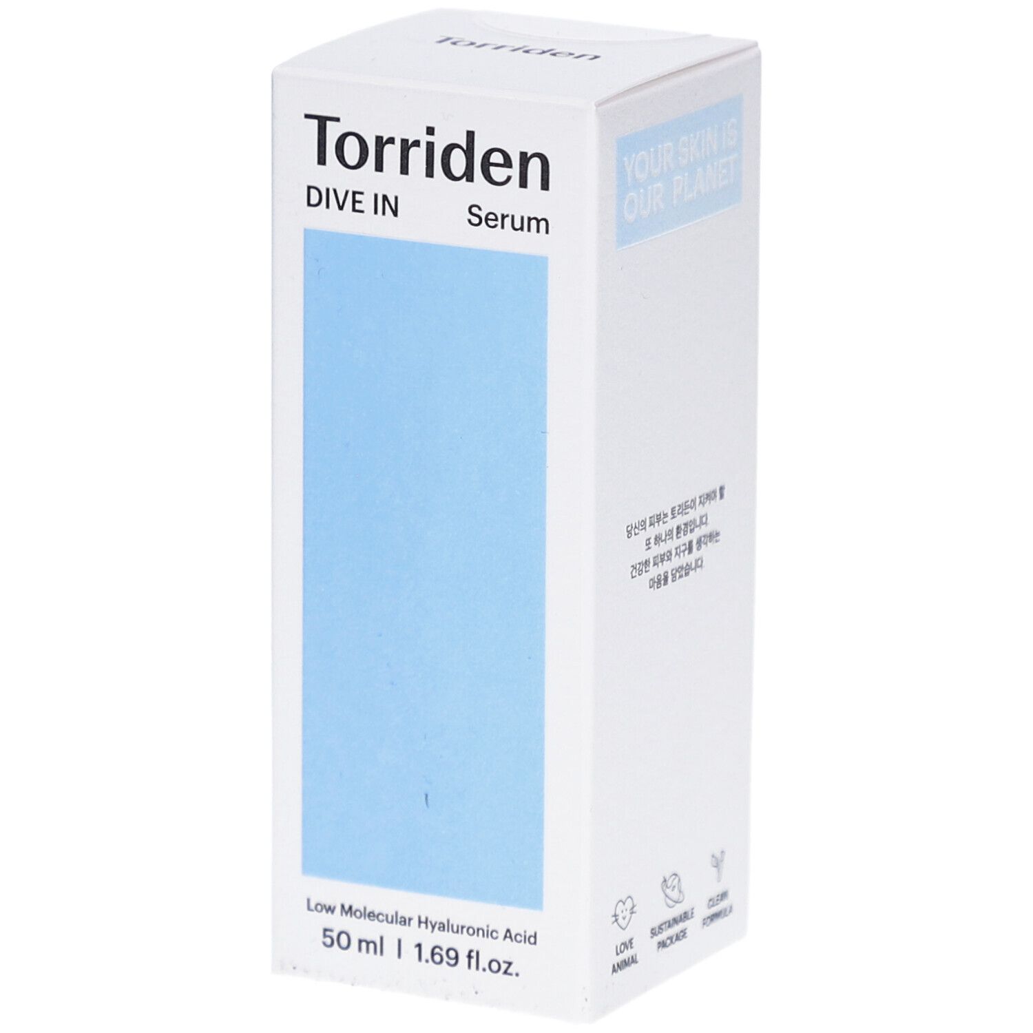 Witte verpakking met blauw vlak. Opschrift: Torriden DIVE IN Serum. Onder: Low Molecular Hyaluronic Acid, 50 ml.