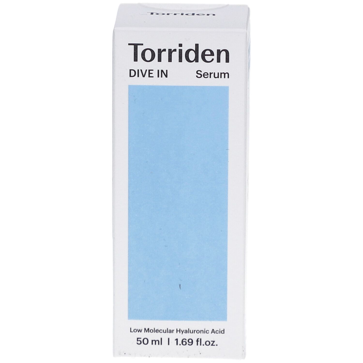 Witte verpakking met blauw vlak. Opschrift: Torriden DIVE IN Serum. Onder: Low Molecular Hyaluronic Acid, 50 ml.