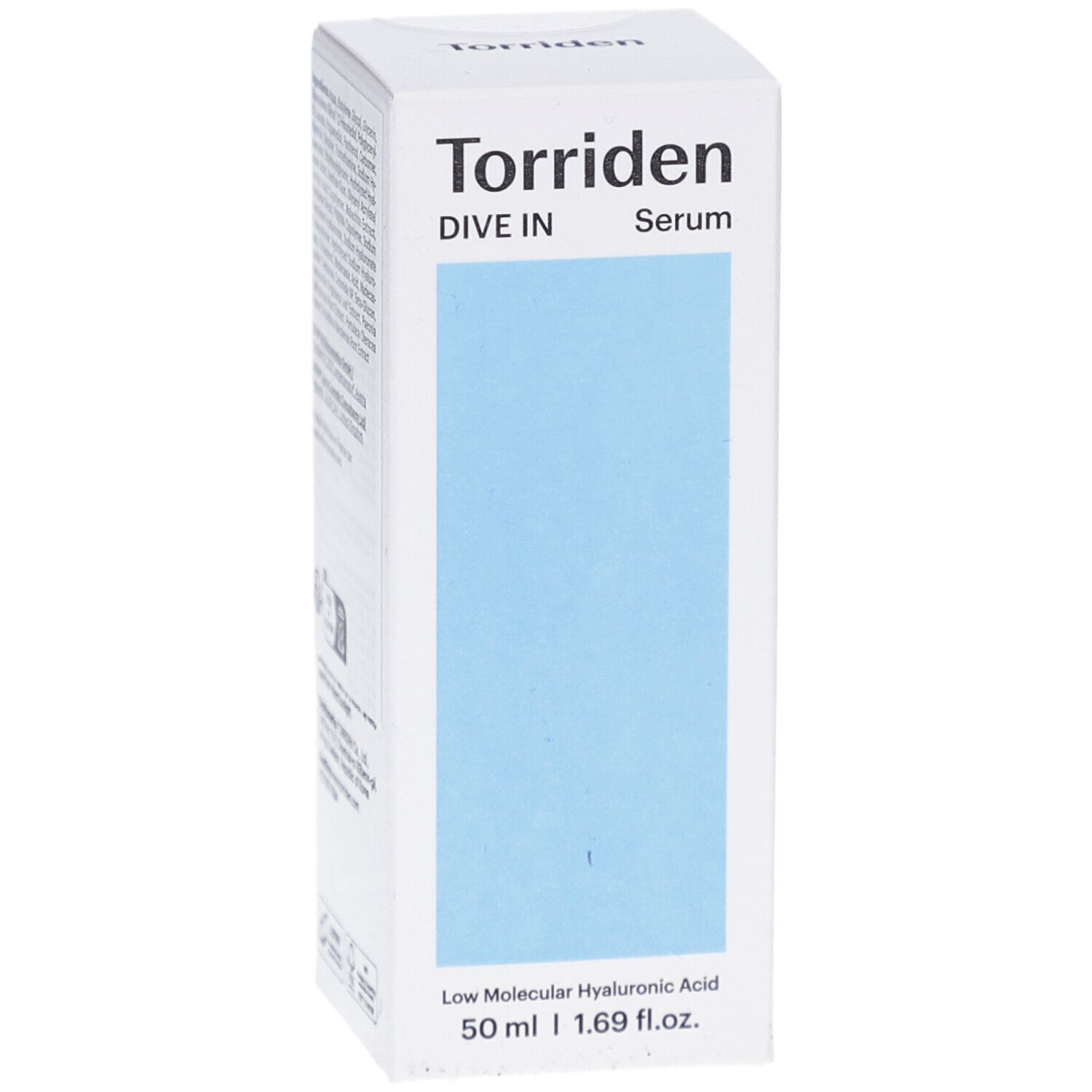 Witte verpakking met blauw vlak. Opschrift: Torriden DIVE IN Serum. Onder: Low Molecular Hyaluronic Acid, 50 ml.