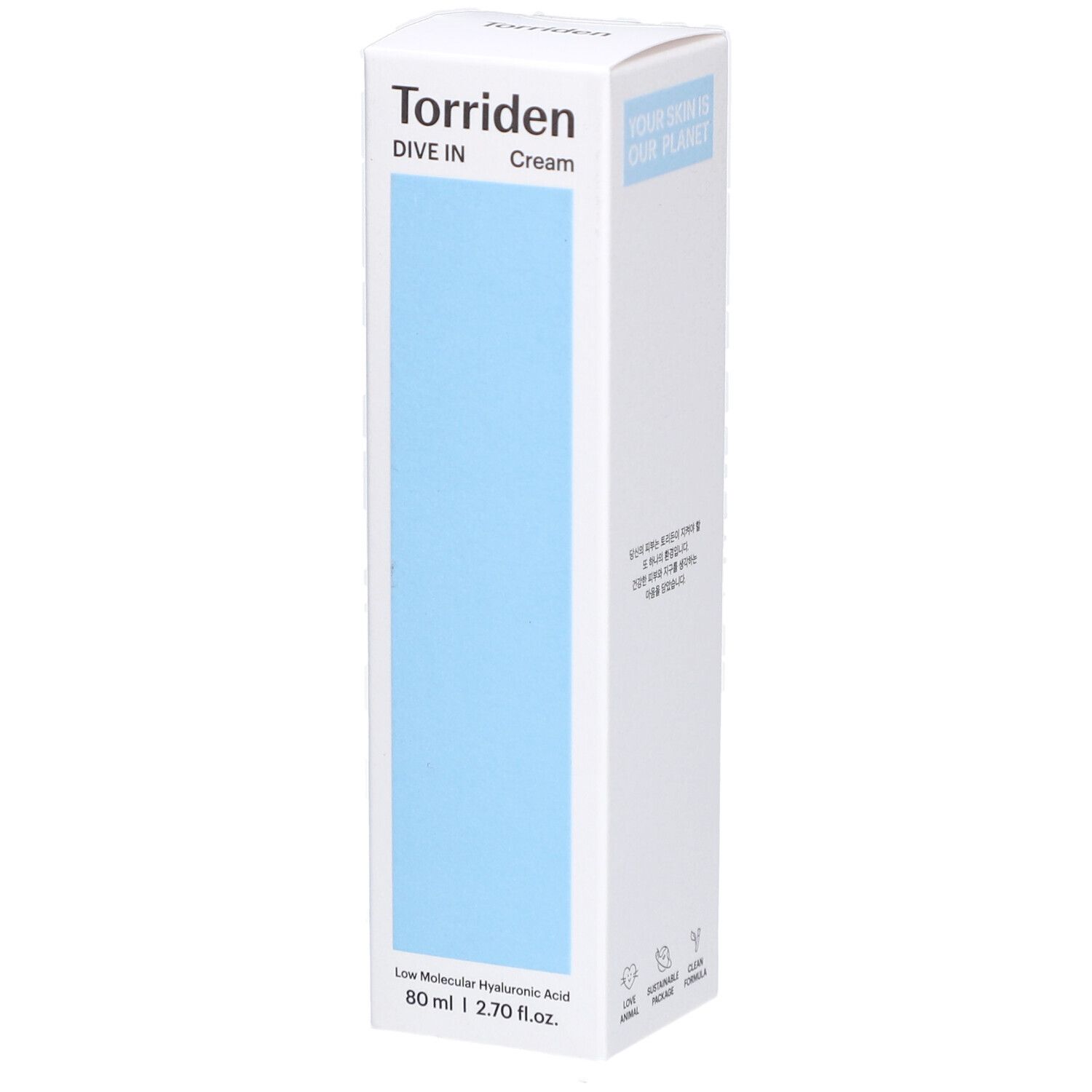 Witte verpakking met blauwe rechthoek. Opschrift: Torriden, DIVE IN Cream. Onder: Low Molecular Hyaluronic Acid, 80 ml | 2.70 fl.oz.
