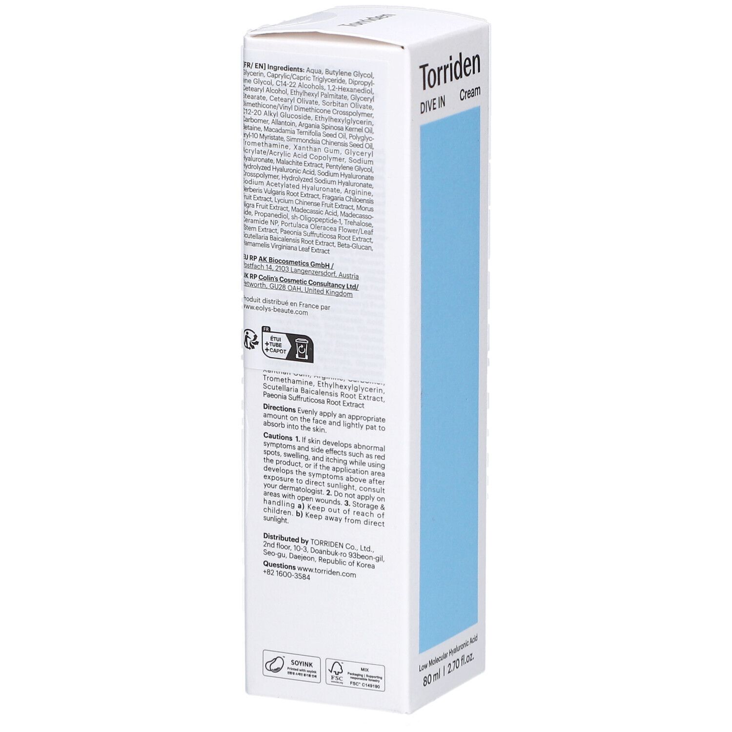 Witte verpakking, achterkant. Tekst met ingrediënten en gebruiksaanwijzing. Onder: Low Molecular Hyaluronic Acid, 80 ml | 2.70 fl.oz.