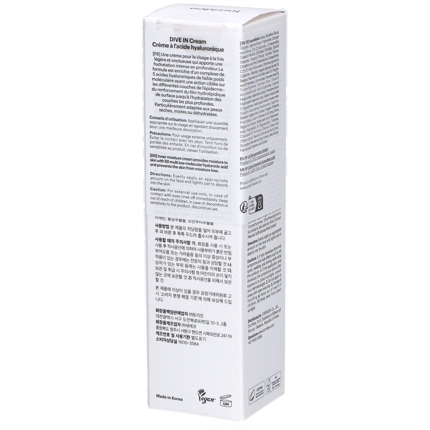 Witte verpakking, zijkant. Tekst met gebruiksaanwijzing in het Frans. Onder: Vegan-logo. Onder: Low Molecular Hyaluronic Acid, 80 ml | 2.70 fl.oz.