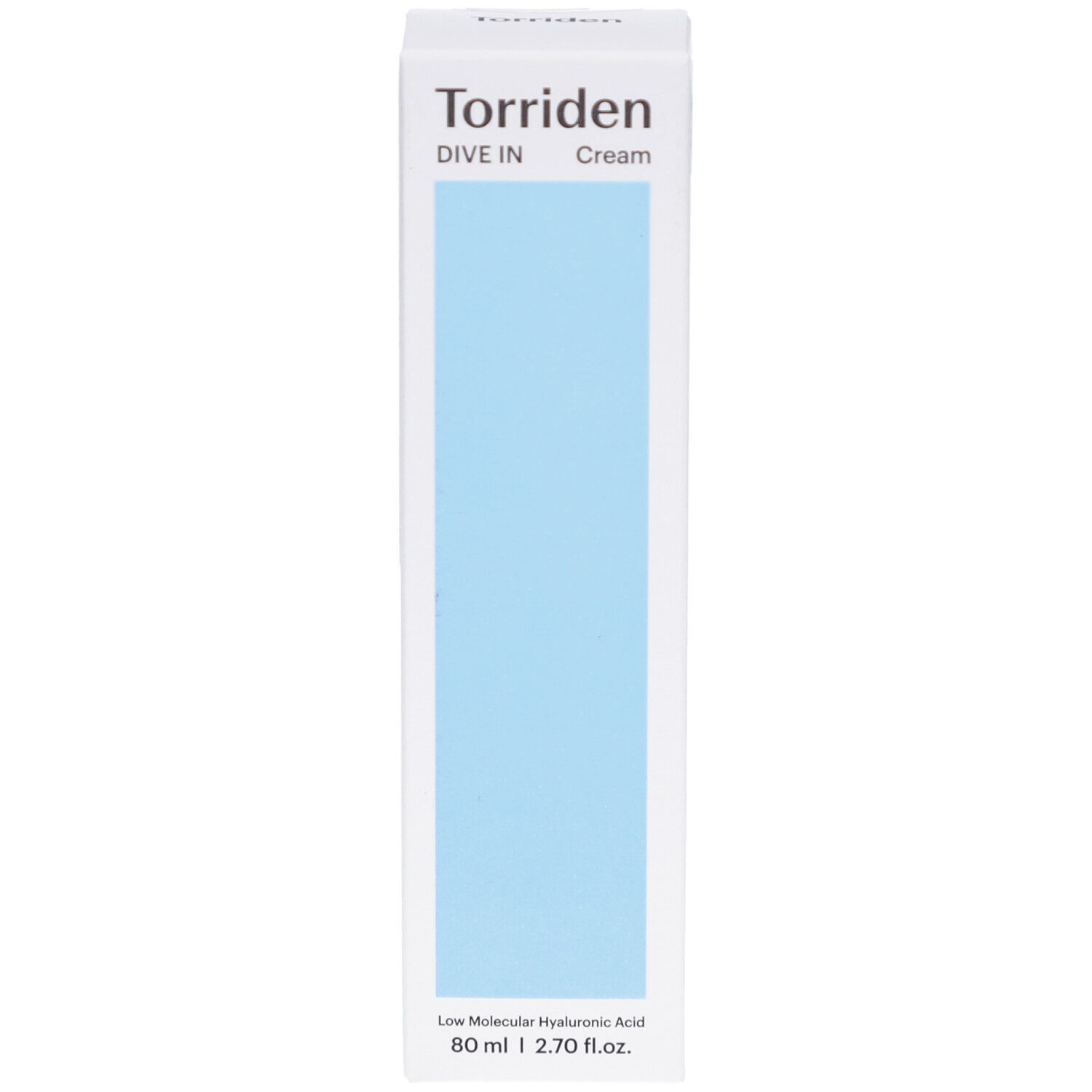 Witte verpakking met blauwe rechthoek. Opschrift: Torriden, DIVE IN Cream. Onder: Low Molecular Hyaluronic Acid, 80 ml | 2.70 fl.oz.
