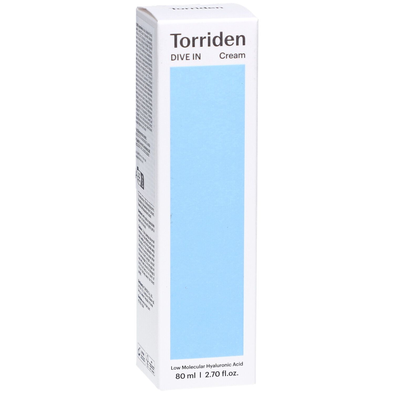 Witte verpakking met blauwe rechthoek. Opschrift: Torriden, DIVE IN Cream. Onder: Low Molecular Hyaluronic Acid, 80 ml | 2.70 fl.oz.