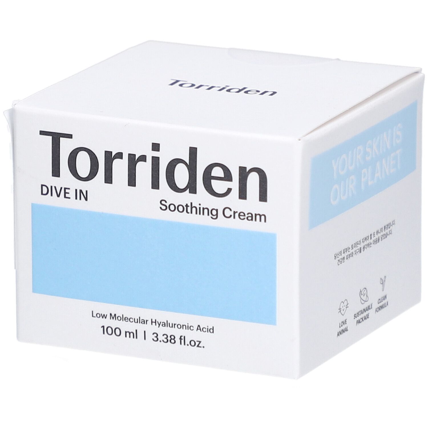 Witte verpakking met blauw vlak. Opschrift: Torriden, Dive In, Soothing Cream. Bevat hyaluronzuur. 100 ml.
