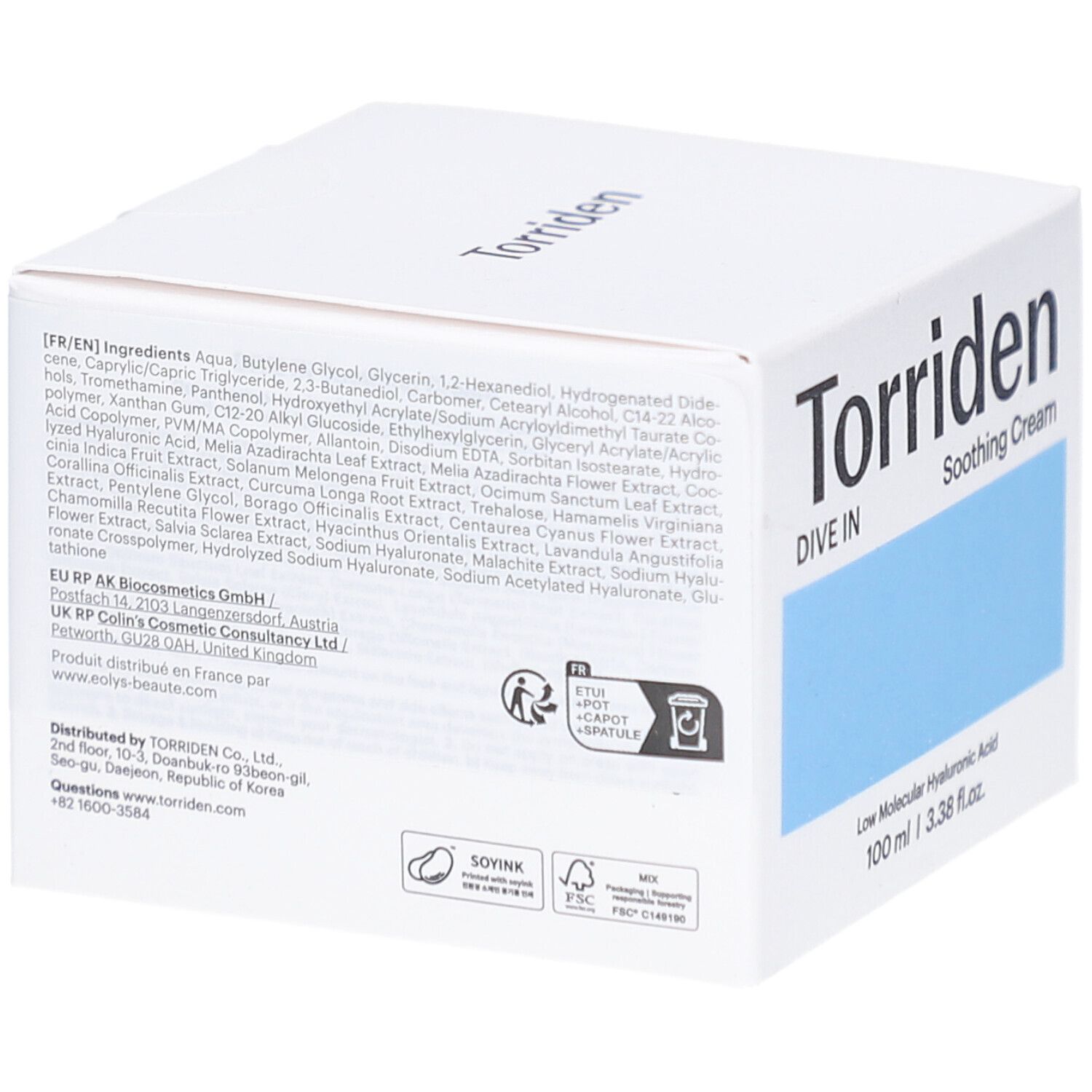 Witte verpakking met tekst. Opschrift: Torriden, Soothing Cream. Bevat ingrediënten, instructies en logo's. Met spatel.