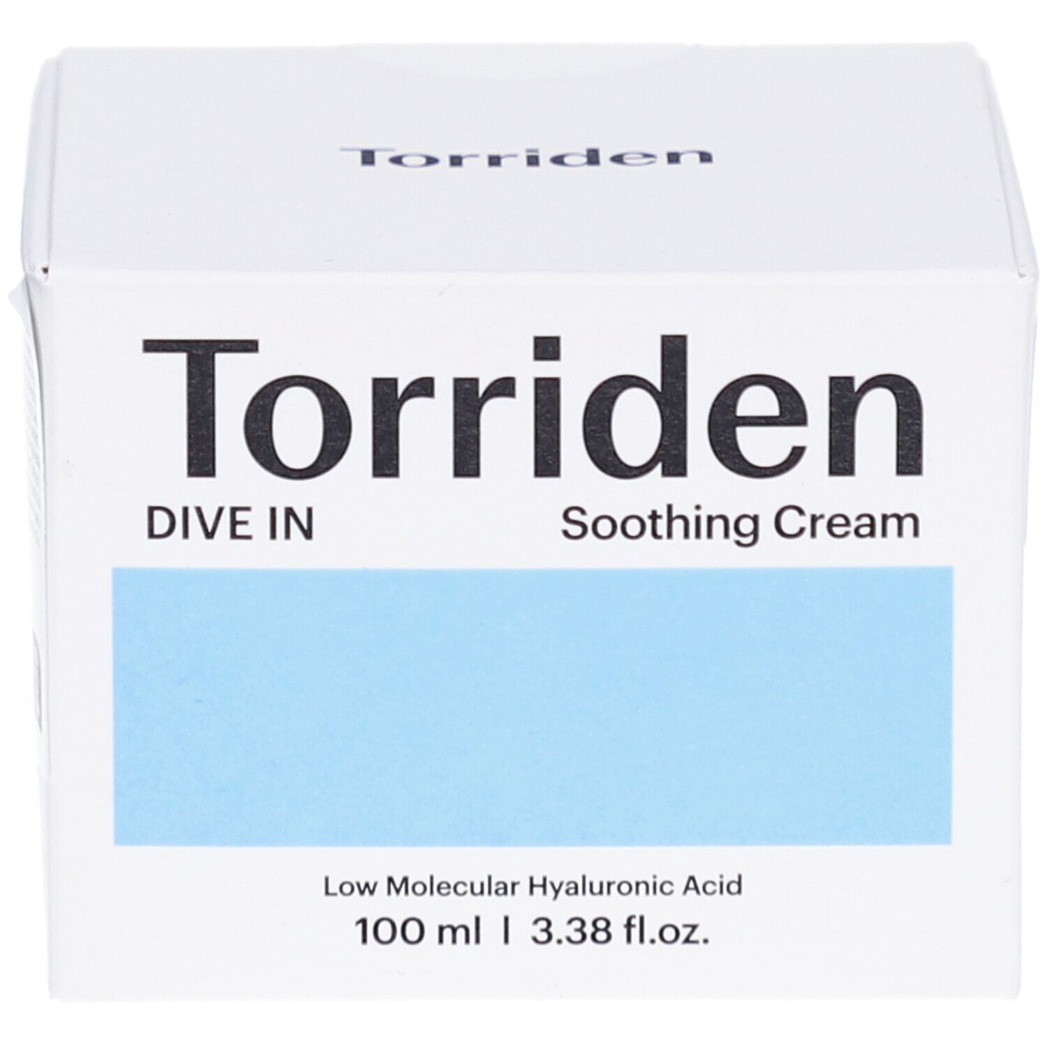 Witte verpakking met blauw vlak. Opschrift: Torriden, Dive In, Soothing Cream. Bevat hyaluronzuur. 100 ml.