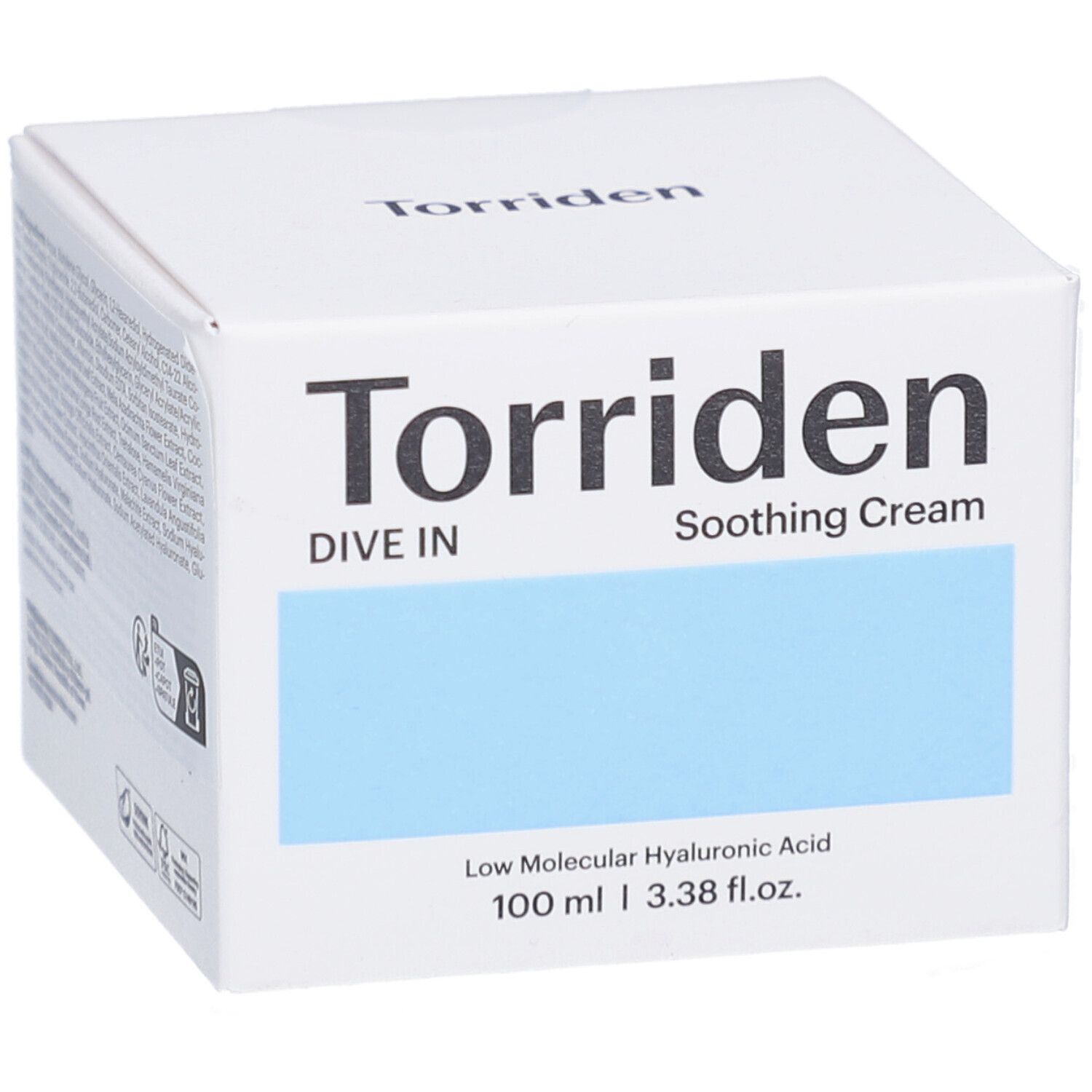 Witte verpakking met blauw vlak. Opschrift: Torriden, Dive In, Soothing Cream. Bevat hyaluronzuur. 100 ml.