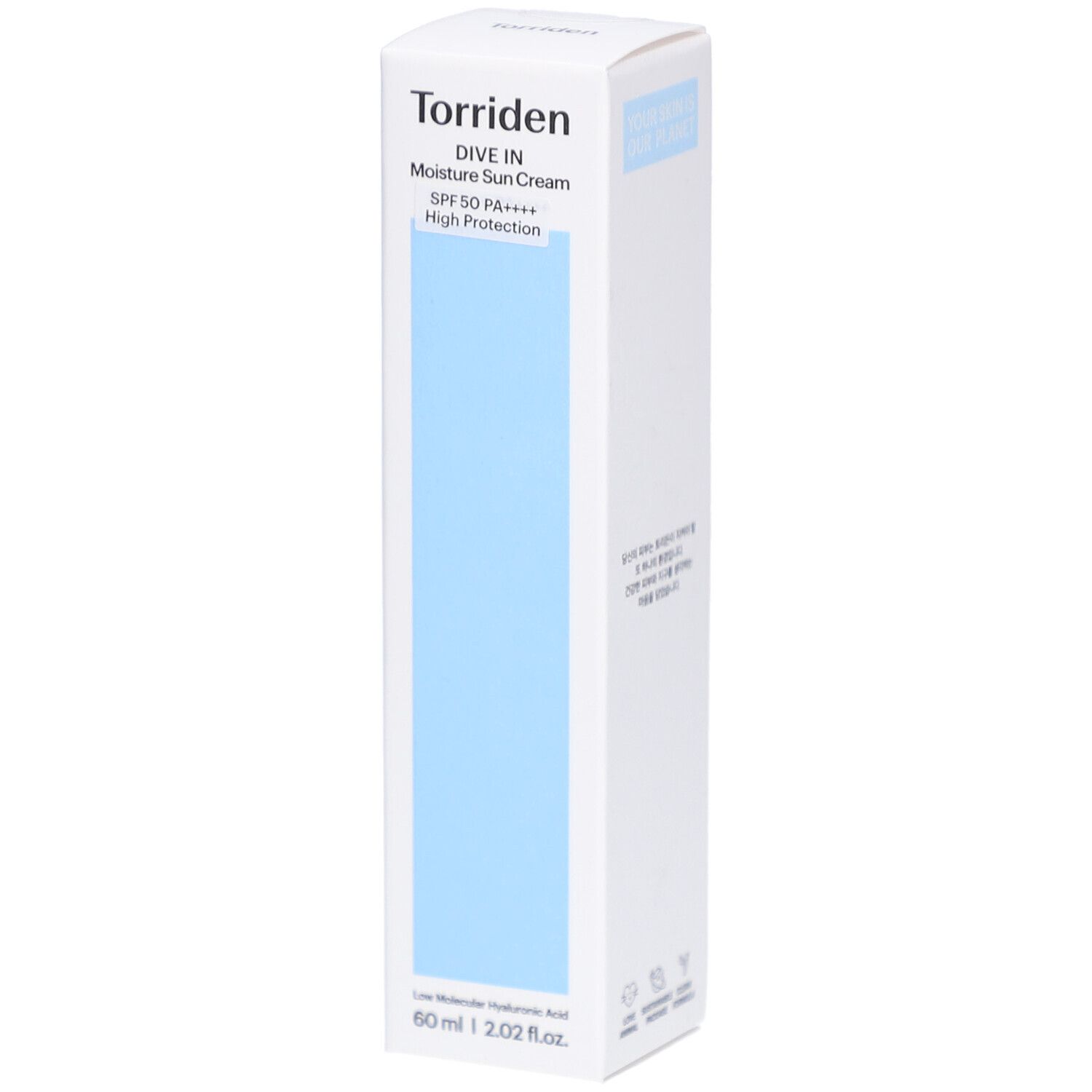Witte verpakking met blauwe rechthoek. Opschrift: Torriden, DIVE IN Moisture Sun Cream SPF 50+ High Protection. Onder: 60 ml | 2.02 fl.oz.