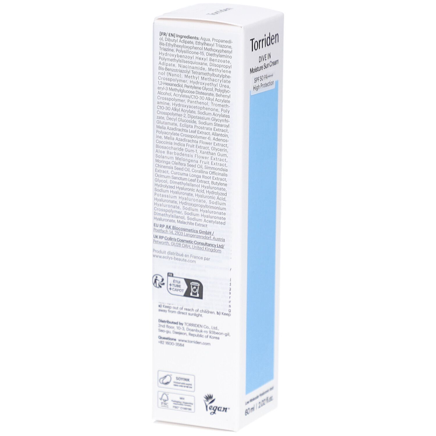 Achterkant van de verpakking. Bevat ingrediënten, instructies en logo's. Veganistisch logo. Onder: 60 ml | 2.02 fl.oz.