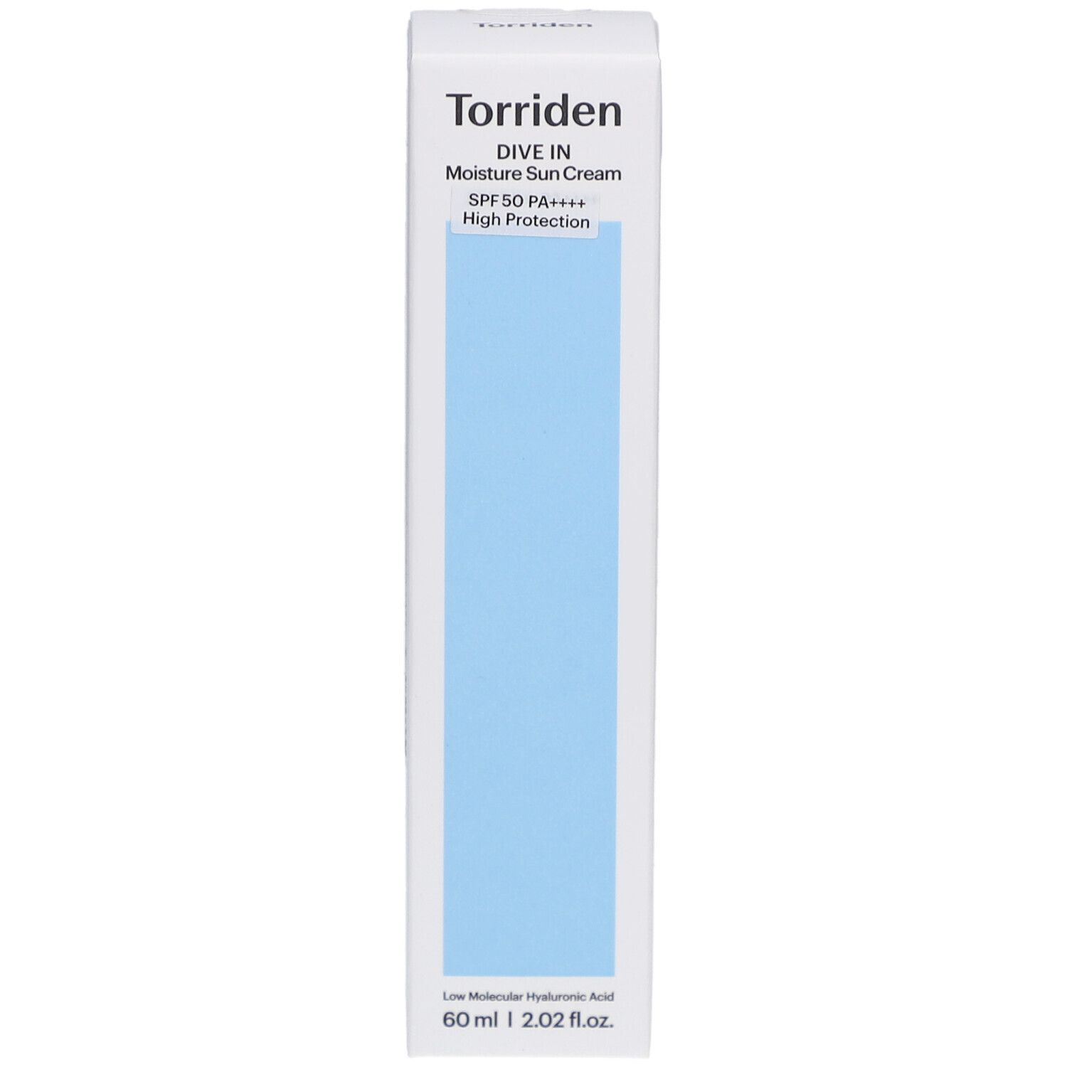 Witte verpakking met blauwe rechthoek. Opschrift: Torriden, DIVE IN Moisture Sun Cream SPF 50+ High Protection. Onder: 60 ml | 2.02 fl.oz.