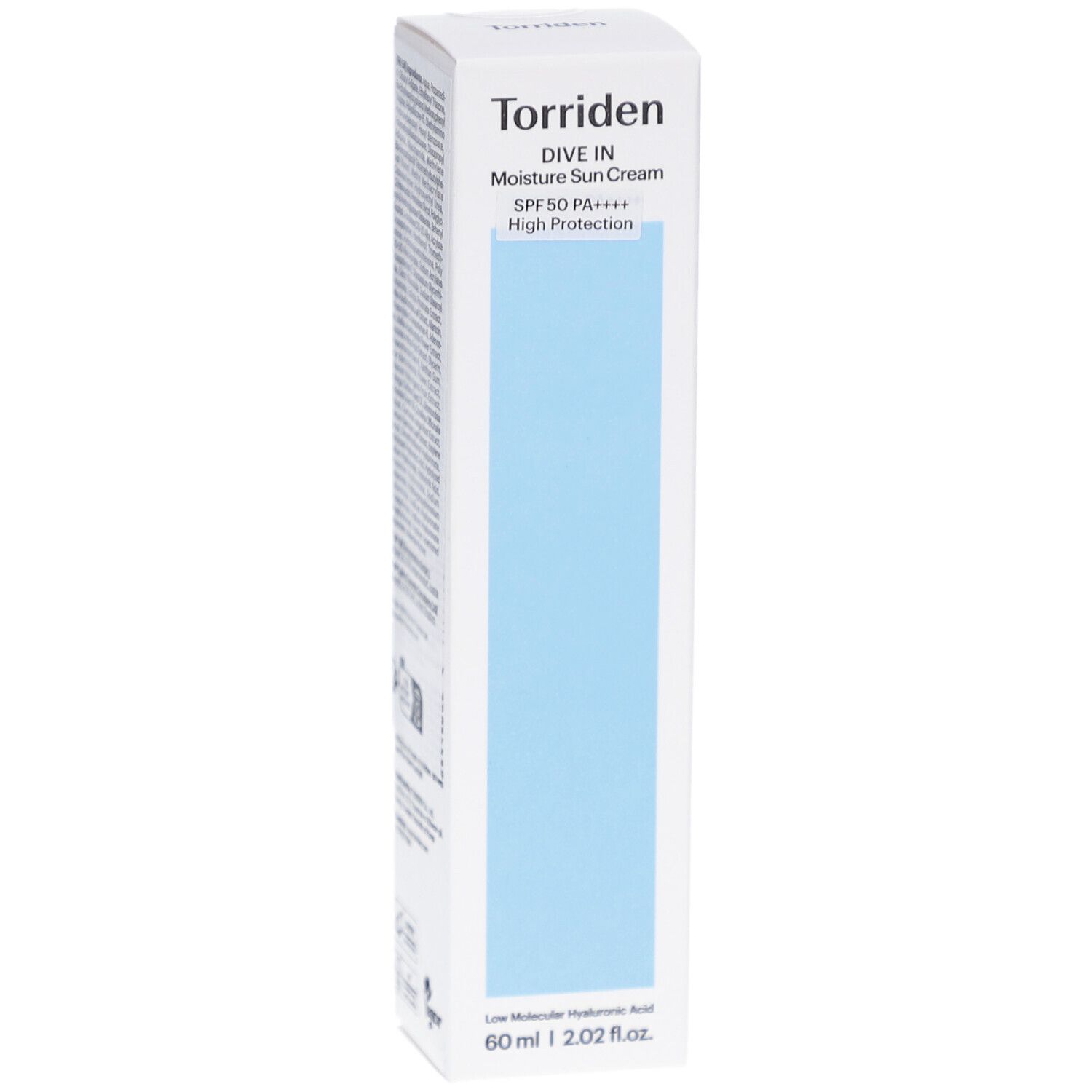 Witte verpakking met blauwe rechthoek. Opschrift: Torriden, DIVE IN Moisture Sun Cream SPF 50+ High Protection. Onder: 60 ml | 2.02 fl.oz.