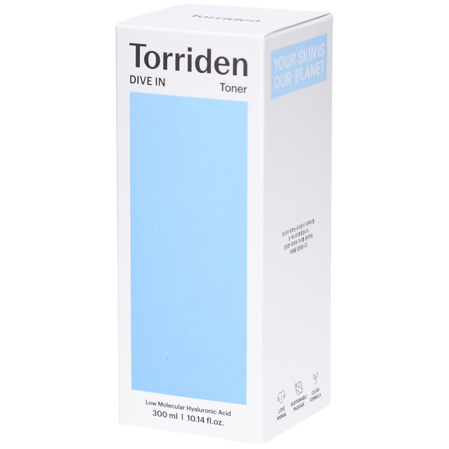 Witte productverpakking met blauw vlak. Opschrift: Torriden, DIVE IN, Toner. Tekst: Low Molecular Hyaluronic Acid. 300 ml | 10.14 fl.oz.