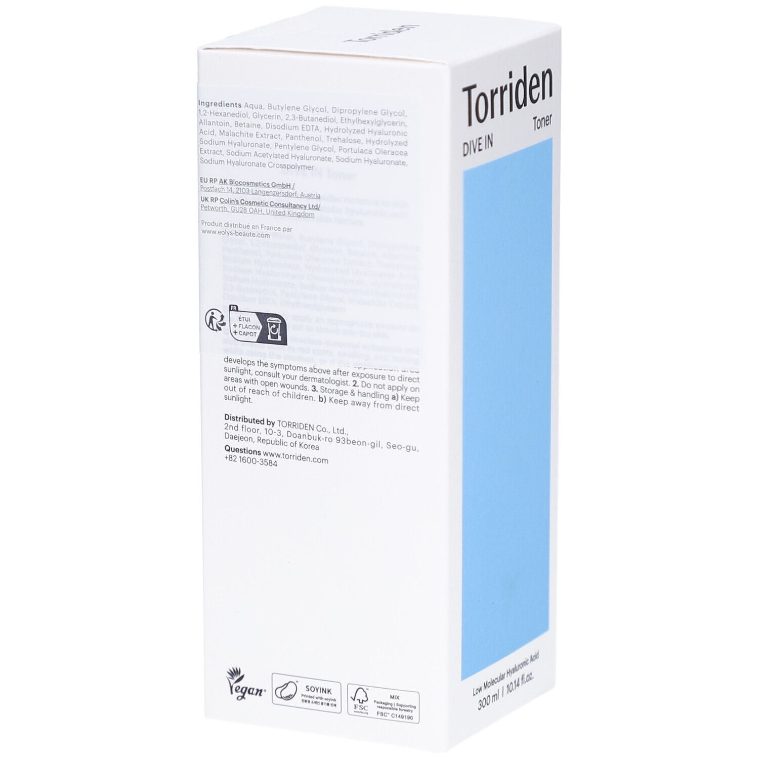Witte productverpakking. Tekst: Ingrediënten, instructies, distributie. Opschrift: Torriden, DIVE IN, Toner. Blauw vlak. Vegan-logo.
