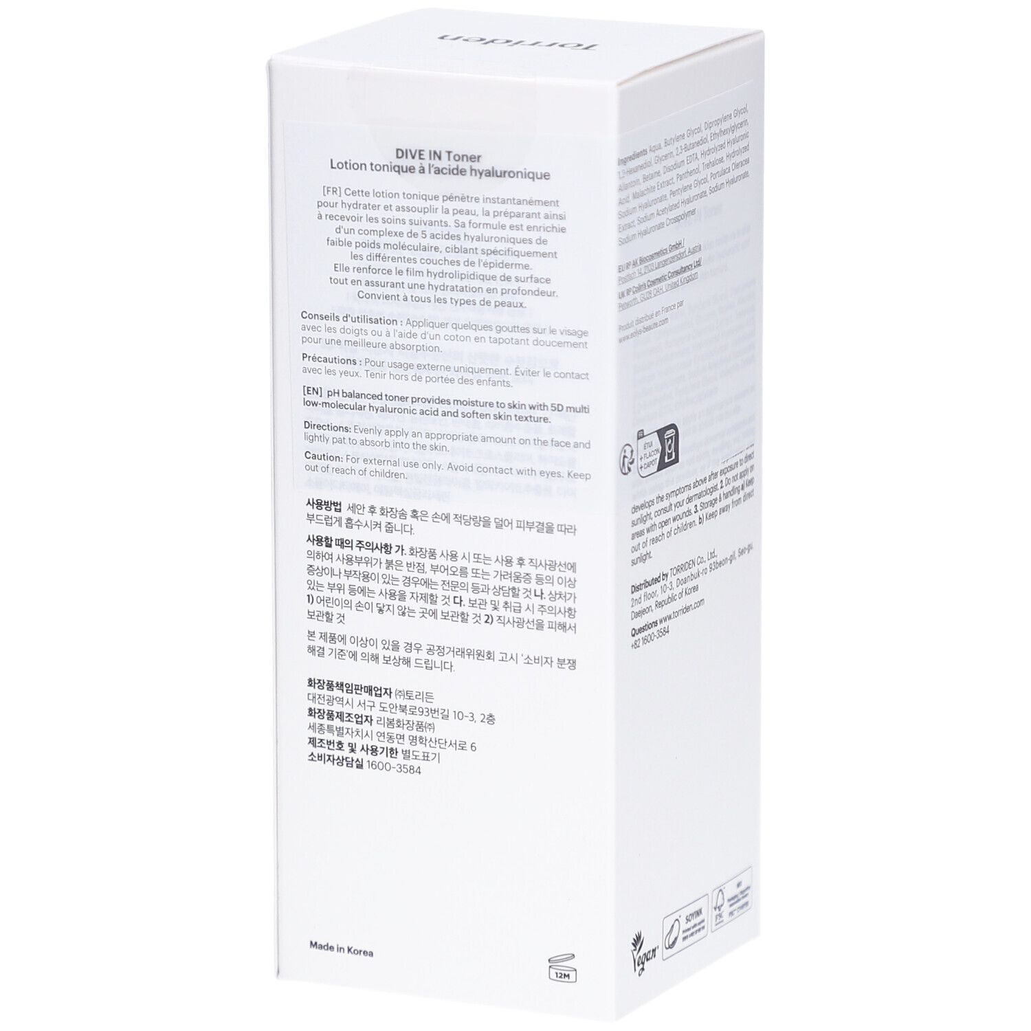 Witte productverpakking. Tekst: Lotion tonique à l'acide hyaluronique. Opschrift: Torriden, DIVE IN, Toner. Blauw vlak. Vegan-logo.