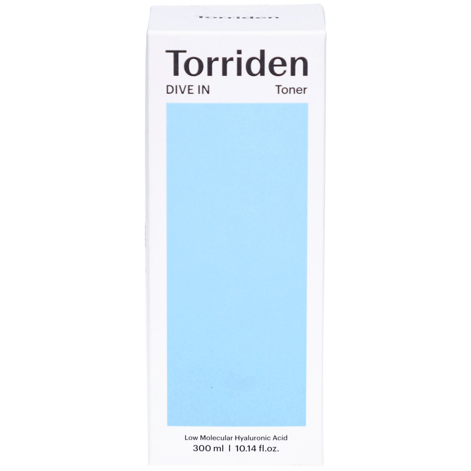 Witte productverpakking met blauw vlak. Opschrift: Torriden, DIVE IN, Toner. Tekst: Low Molecular Hyaluronic Acid. 300 ml | 10.14 fl.oz.