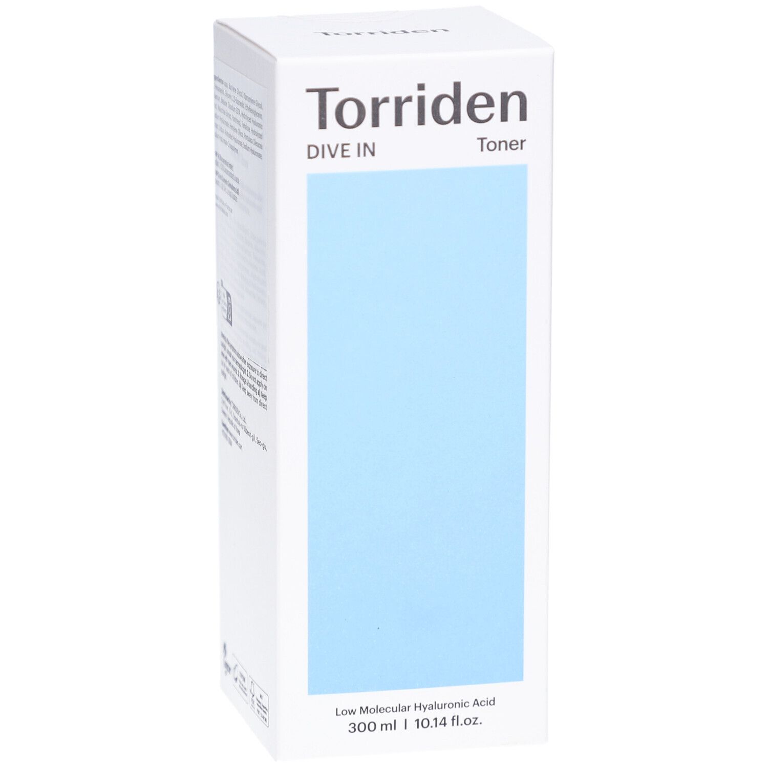 Witte productverpakking met blauw vlak. Opschrift: Torriden, DIVE IN, Toner. Tekst: Low Molecular Hyaluronic Acid. 300 ml | 10.14 fl.oz.