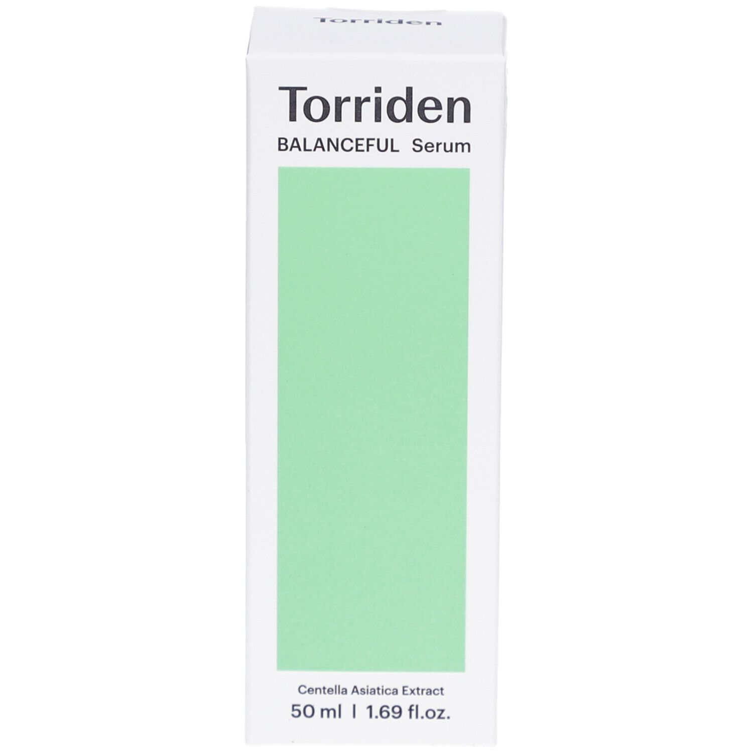 Boîte blanche avec rectangle vert. "Torriden BALANCEFUL Serum" en haut. "Centella Asiatica Extract" en bas. 50 ml.