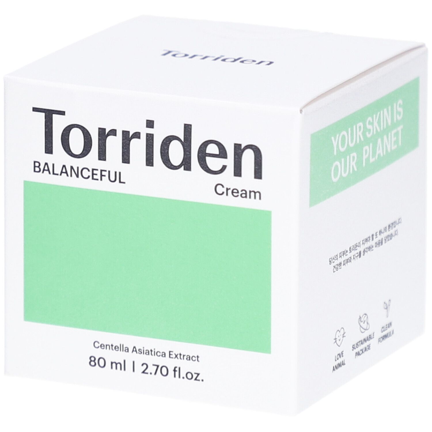 Witte verpakking met groen vlak. Opschrift: Torriden, BALANCEFUL Cream. Bevat 80 ml. Bedrukking: Centella Asiatica Extract.