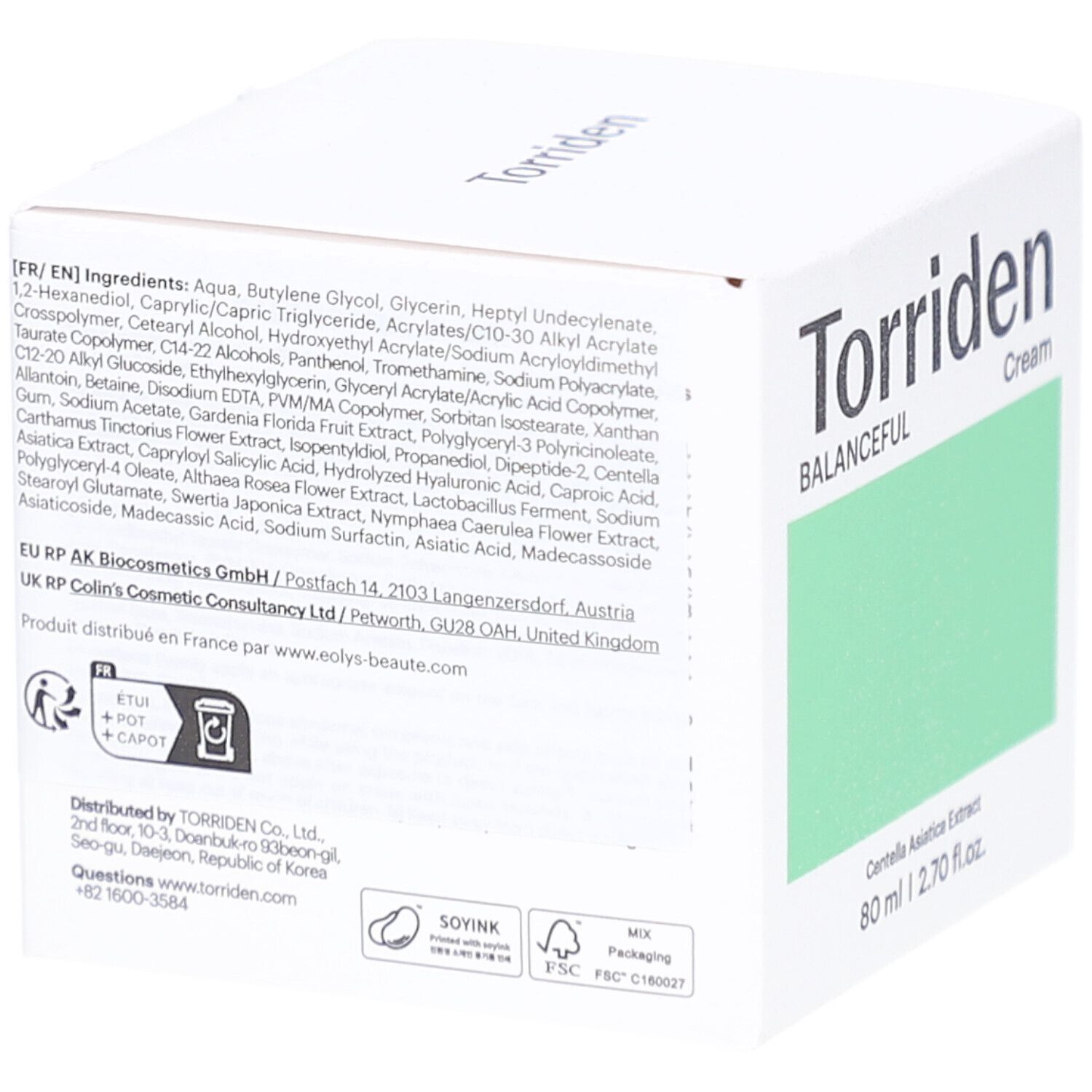 Witte verpakking, achterkant. Opschrift: Torriden, BALANCEFUL Cream. Bevat ingrediënten, fabrikantinfo en logo's.