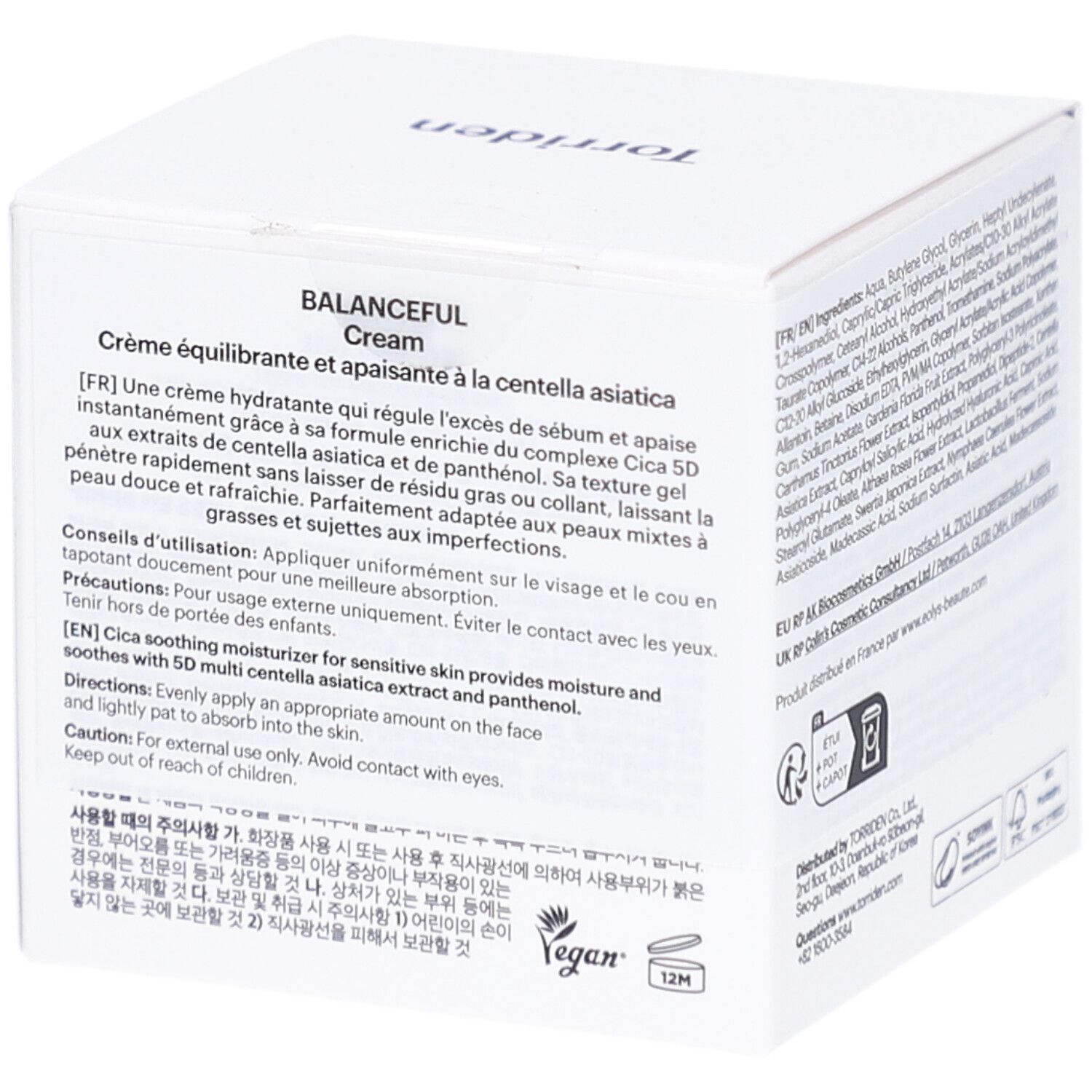 Witte verpakking, tekst. Opschrift: BALANCEFUL Cream. Bevat instructies en waarschuwingen in meerdere talen.